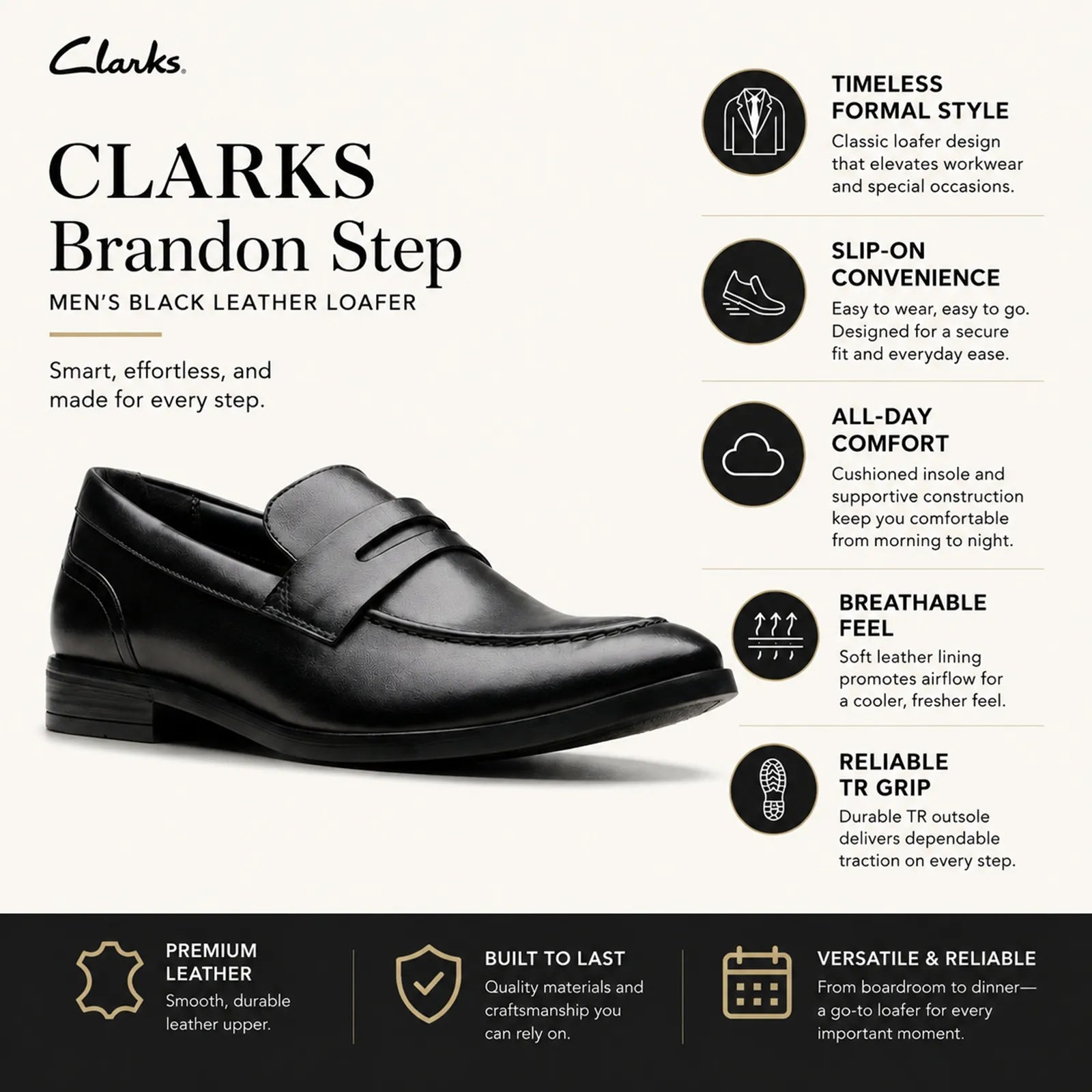 Men¡¯s black leather loafer with strap detail, side view on white background