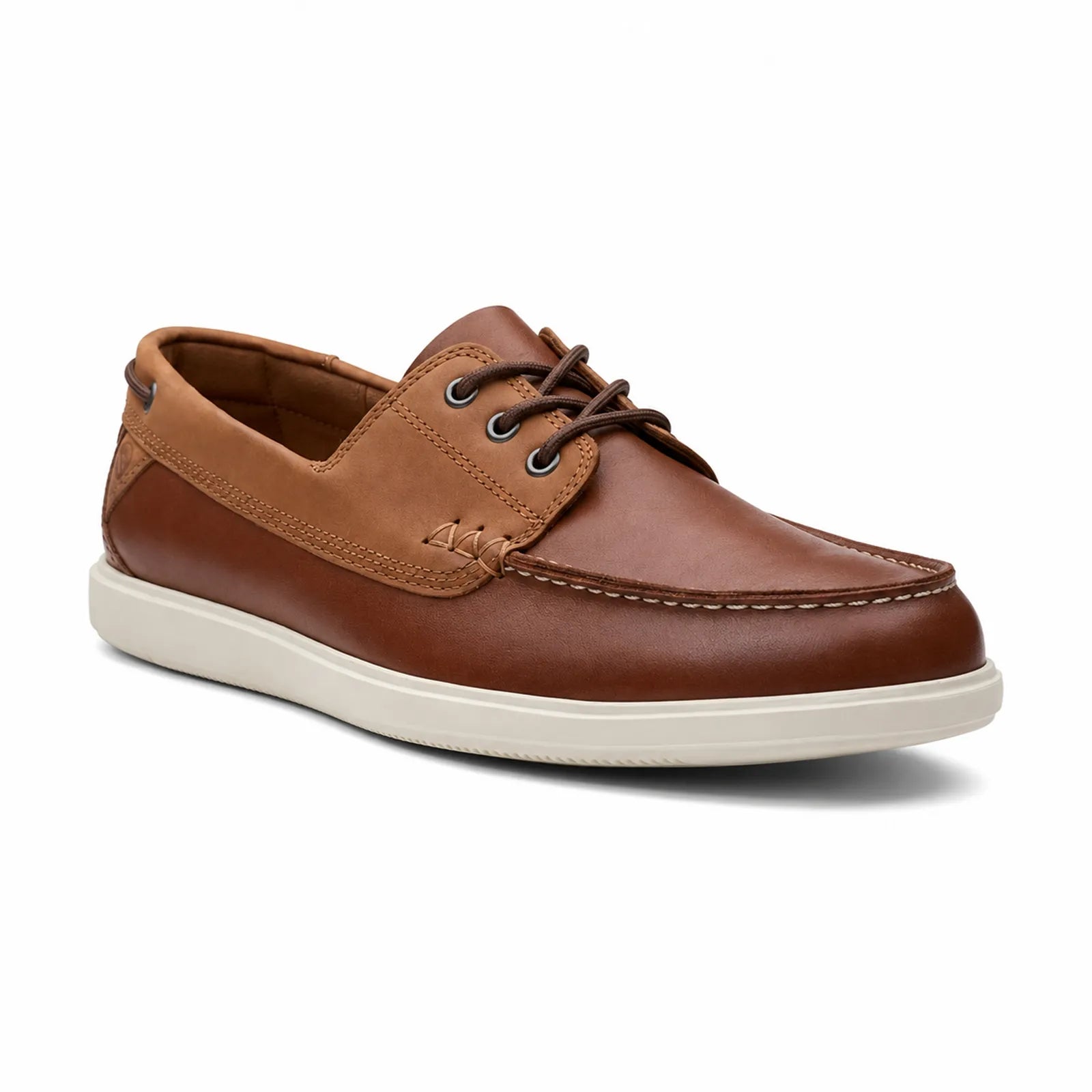 Men's leather boat loafer in tan brown with lace-up and white sole