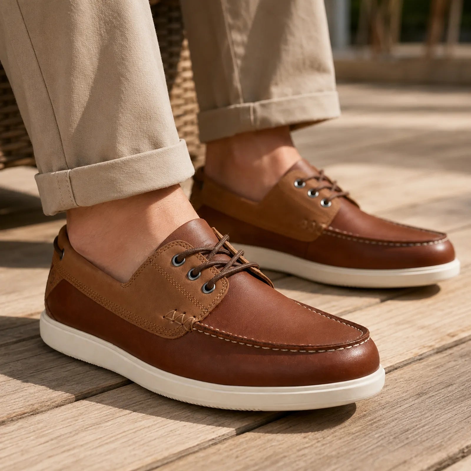Men's leather boat loafers in tan brown with lace-up and thick white sole