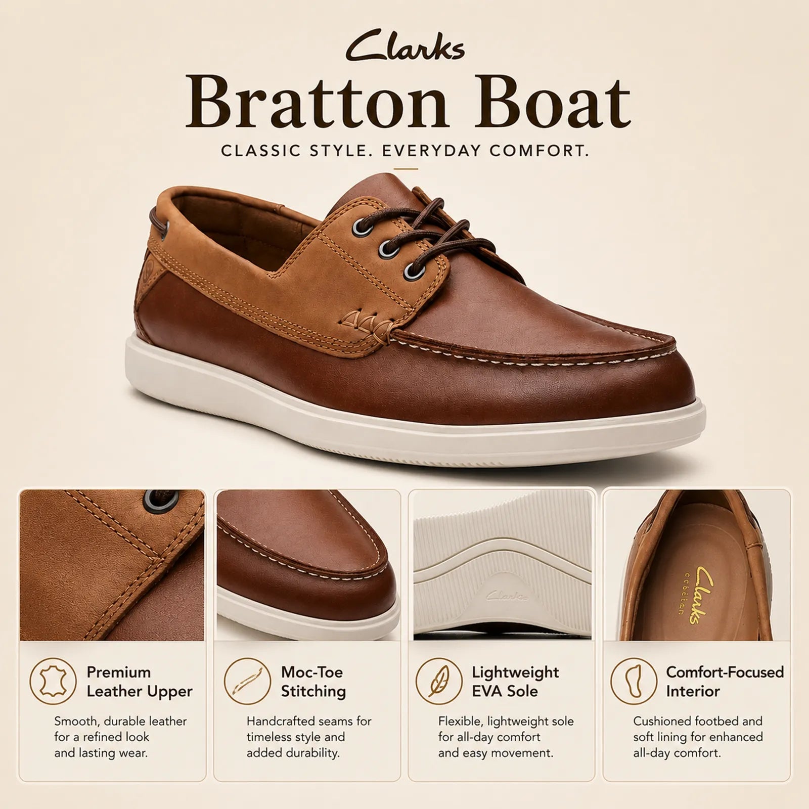 Men's leather boat loafer in brown with lace-up, moc toe, and white midsole