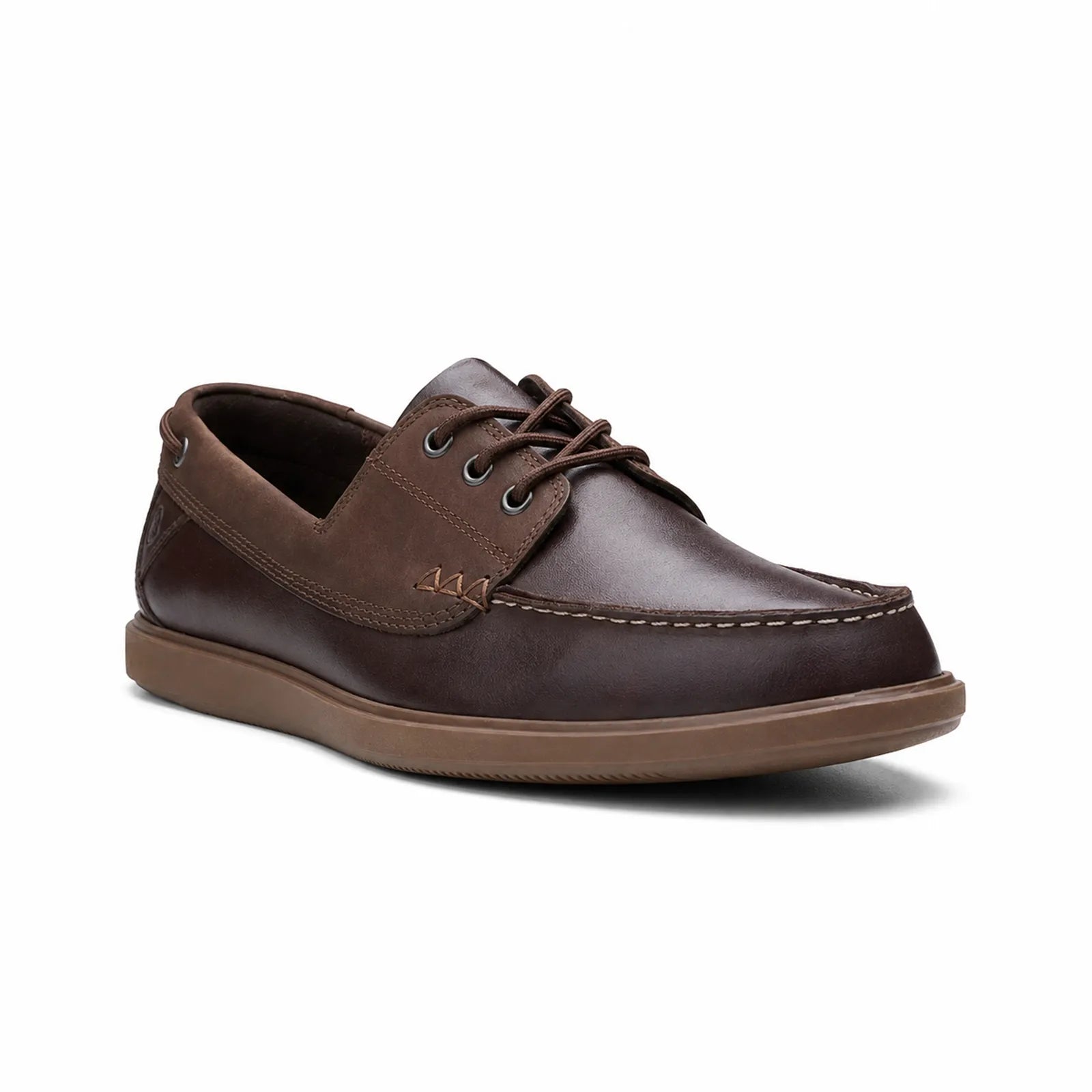 Dark brown leather men¡¯s boat shoes, lace-up with moc-toe stitching and rubber sole