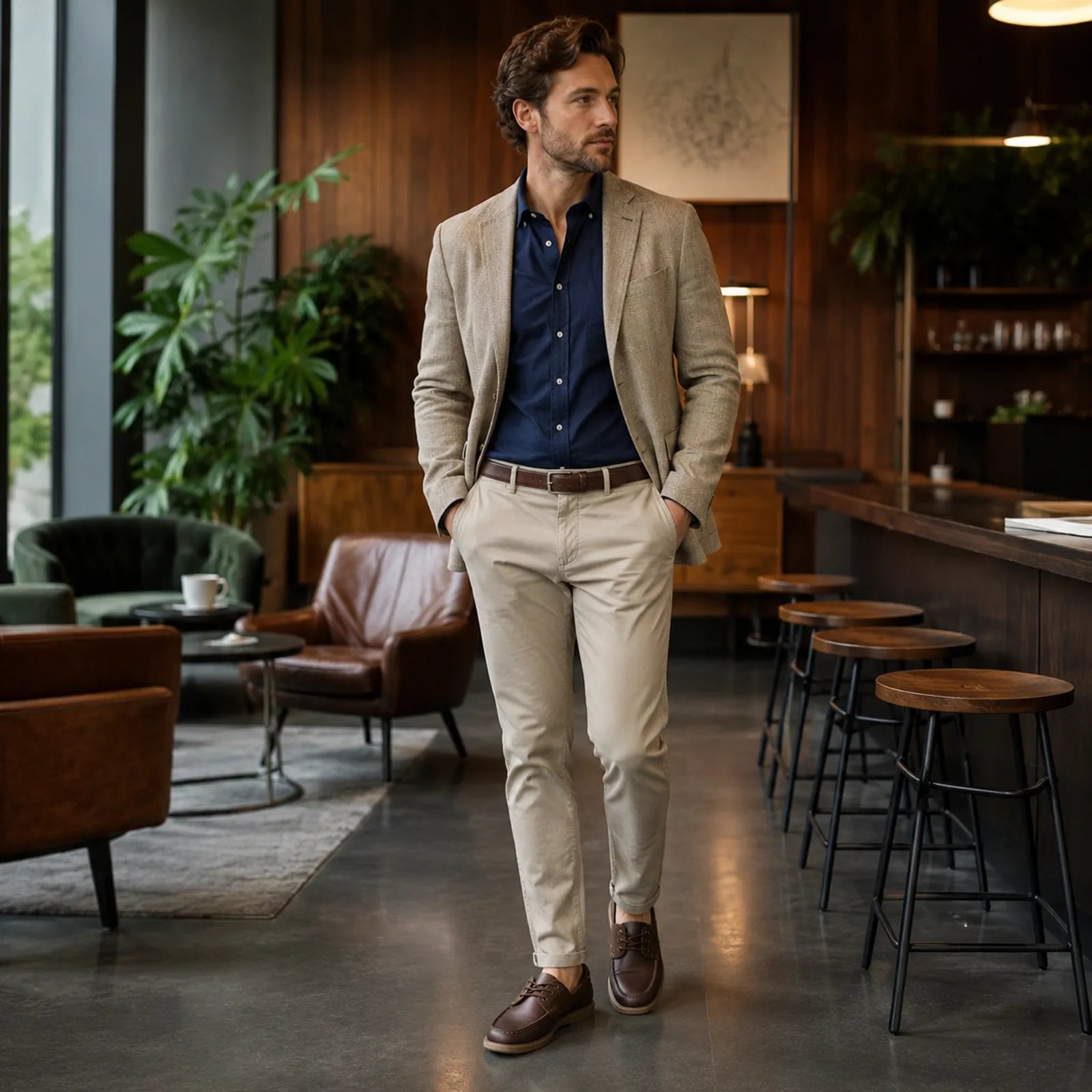 Brown leather men¡¯s boat shoes on model, lace-up moc-toe design