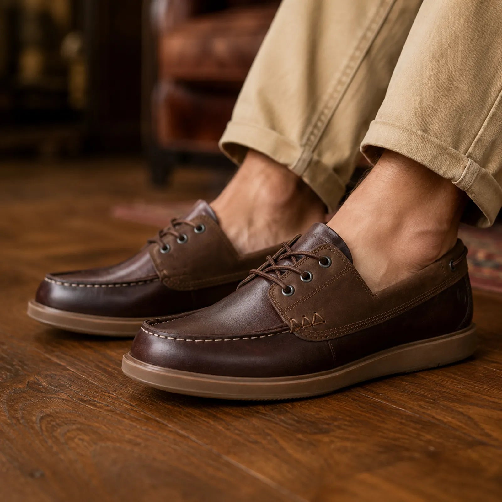 Brown leather men¡¯s boat shoes, lace-up with moc-toe stitching, close-up