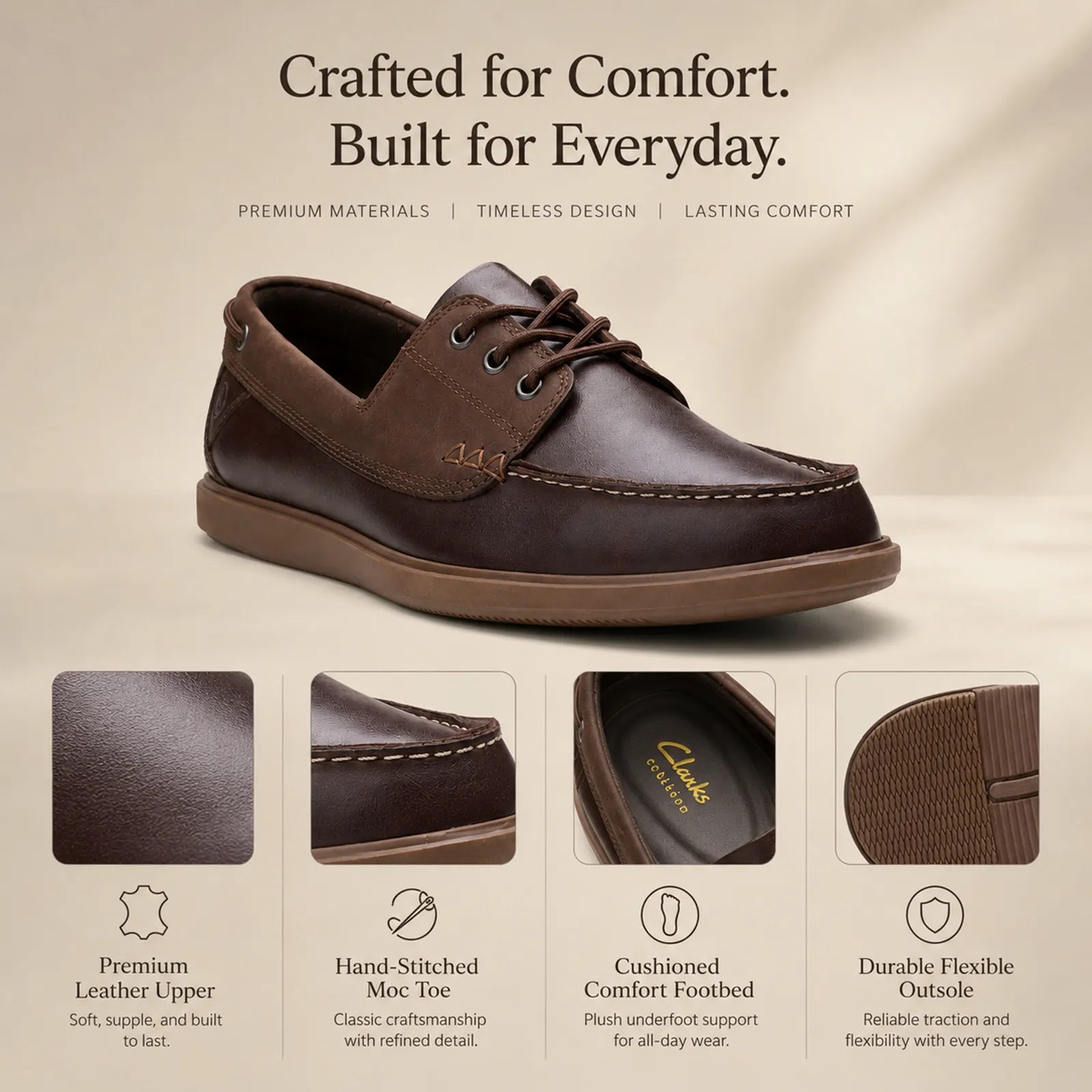 Men's leather boat loafer in dark brown with lace-up and stitched moc toe