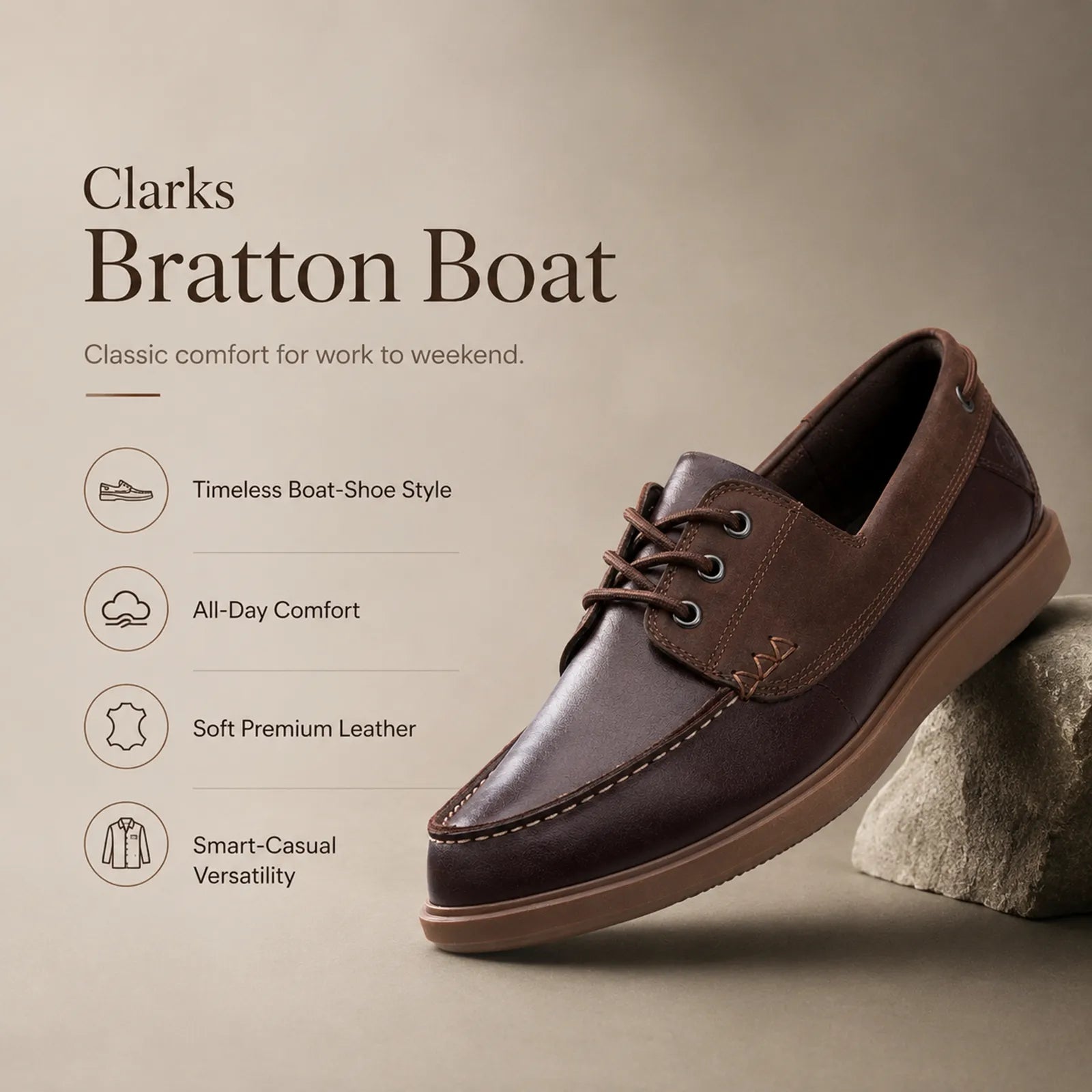 Men's leather boat loafer in brown with lace-up and side stitching detail