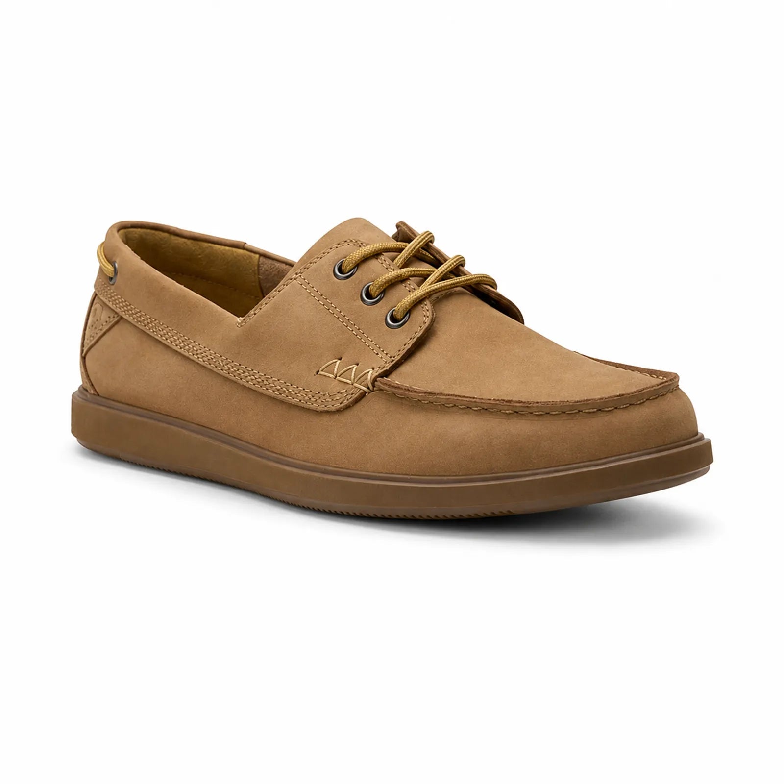 Tan leather men¡¯s boat shoes, lace-up with moc-toe stitching and cushioned sole