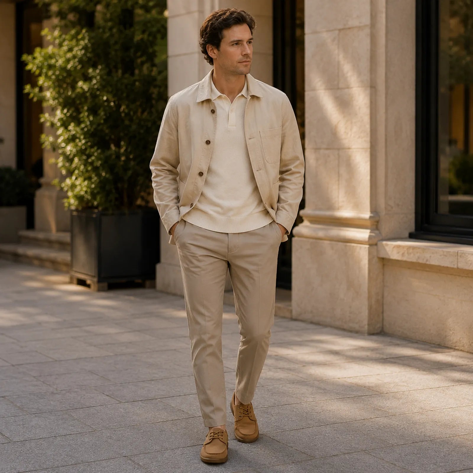 Khaki leather men¡¯s boat shoes on model, lace-up with moc-toe stitching
