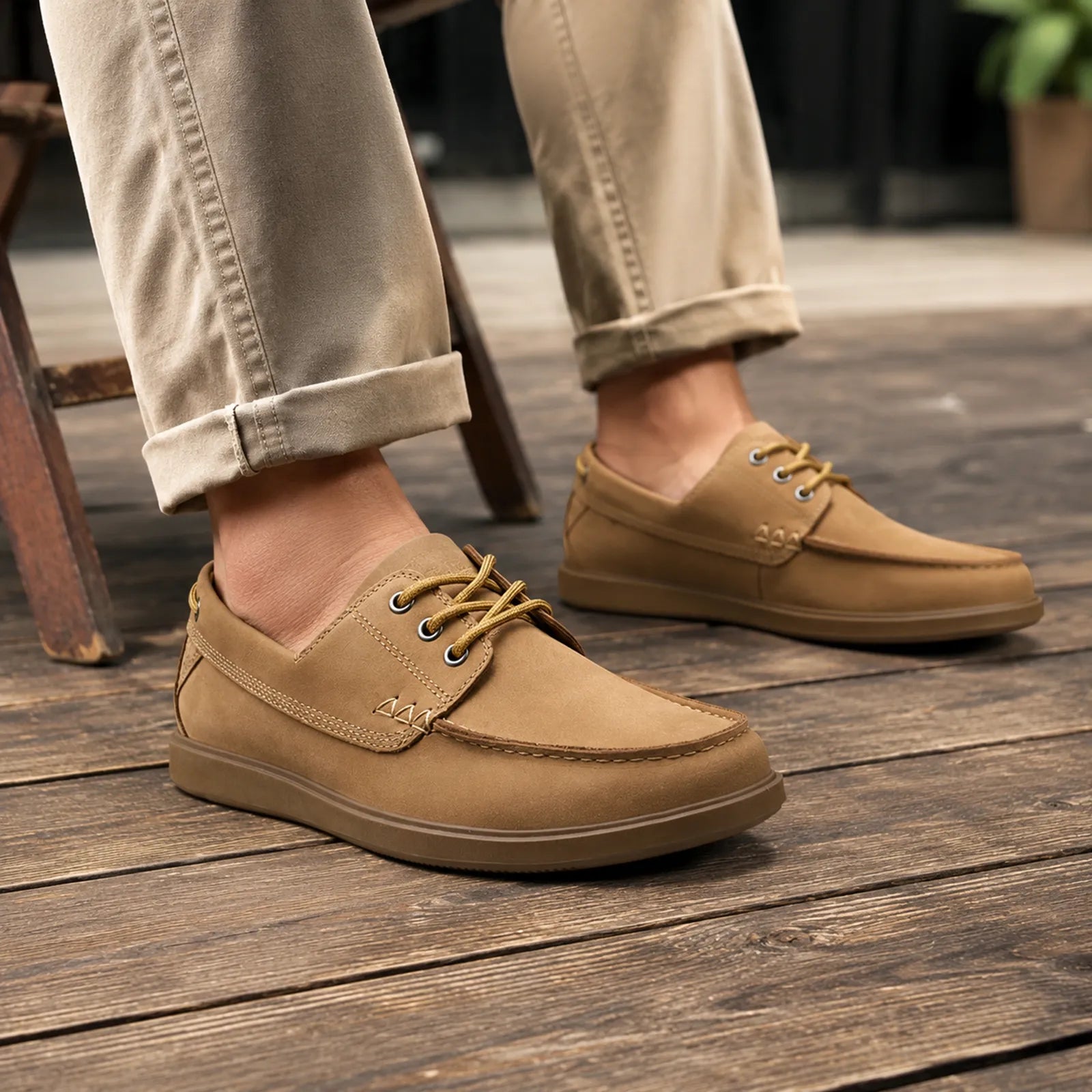 Tan leather men¡¯s boat shoes, lace-up with moc-toe stitching, close-up on feet