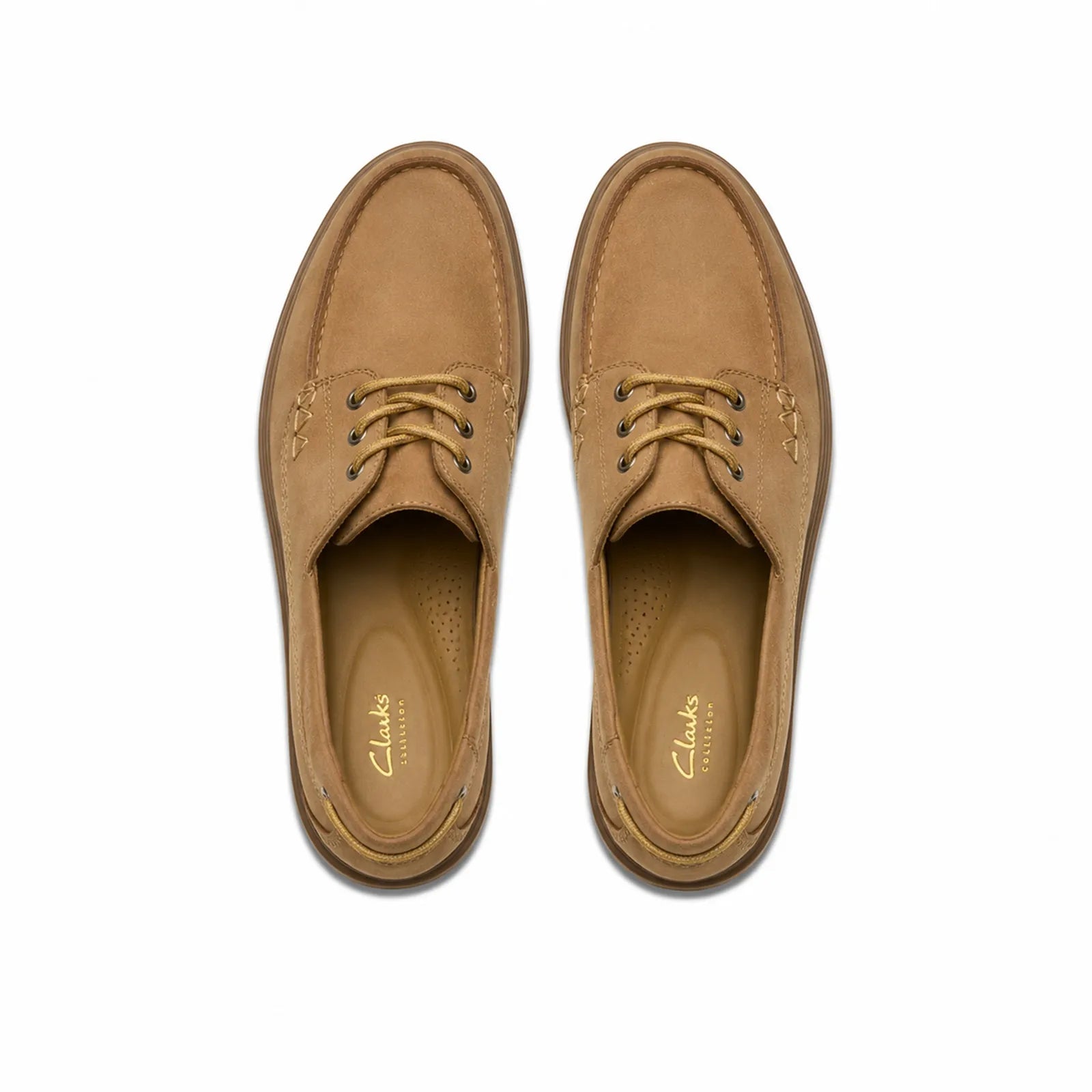 Tan leather boat shoes, lace-up moc-toe stitching with cushioned insole