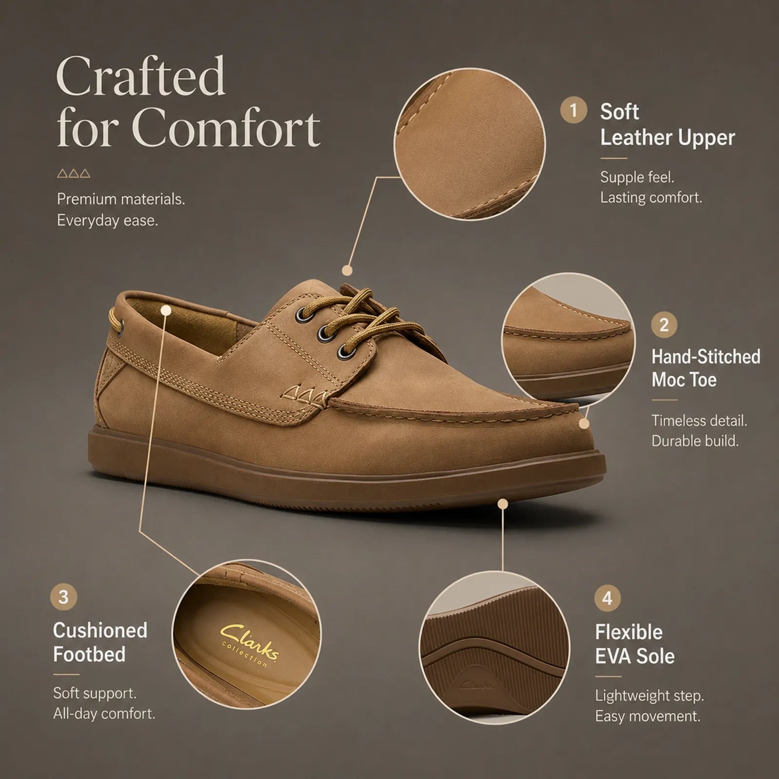 Tan leather lace-up boat shoes with moc-toe stitching, soft upper and flexible sole