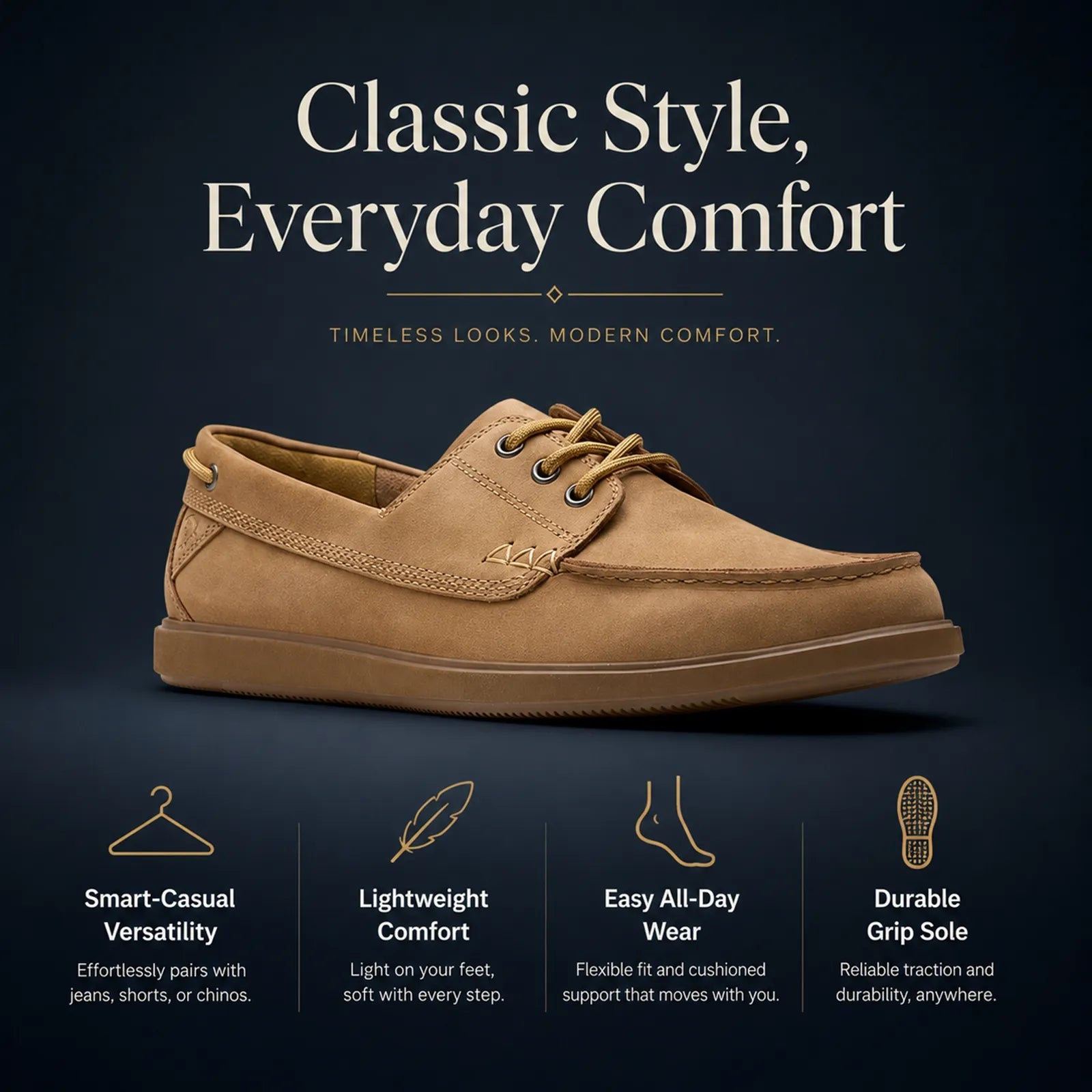 Tan leather boat shoes with lace-up vamp, moc-toe stitching and lightweight comfort
