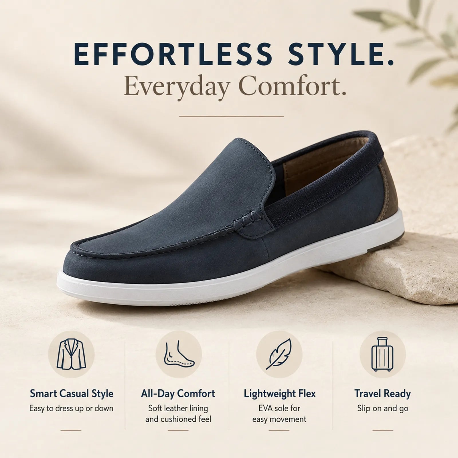 Men's navy slip-on loafer with cushioned lining and white sole