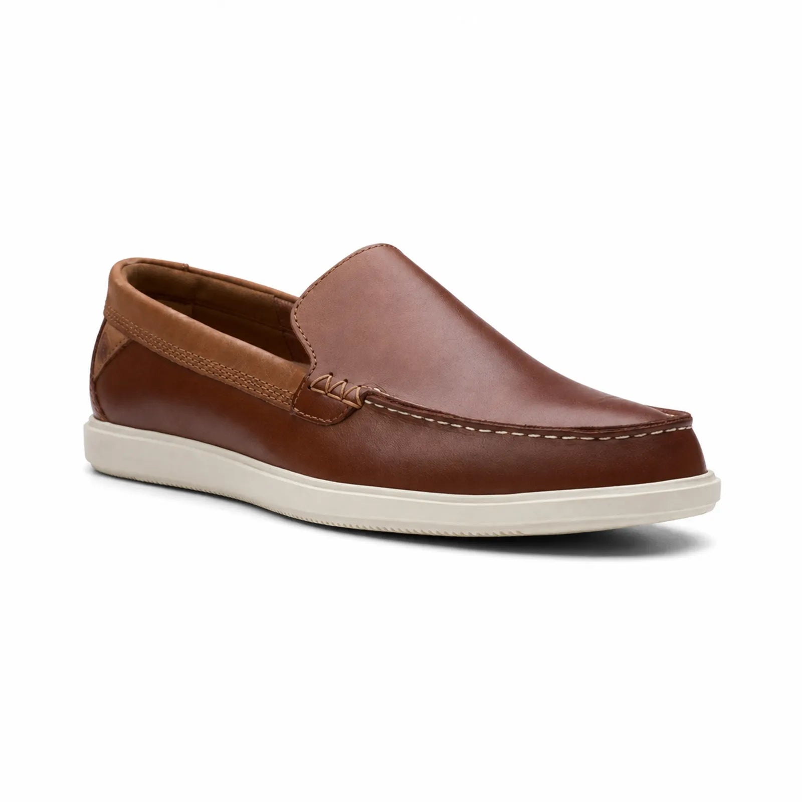 Men's brown leather slip-on loafers with moc-style stitching and light sole