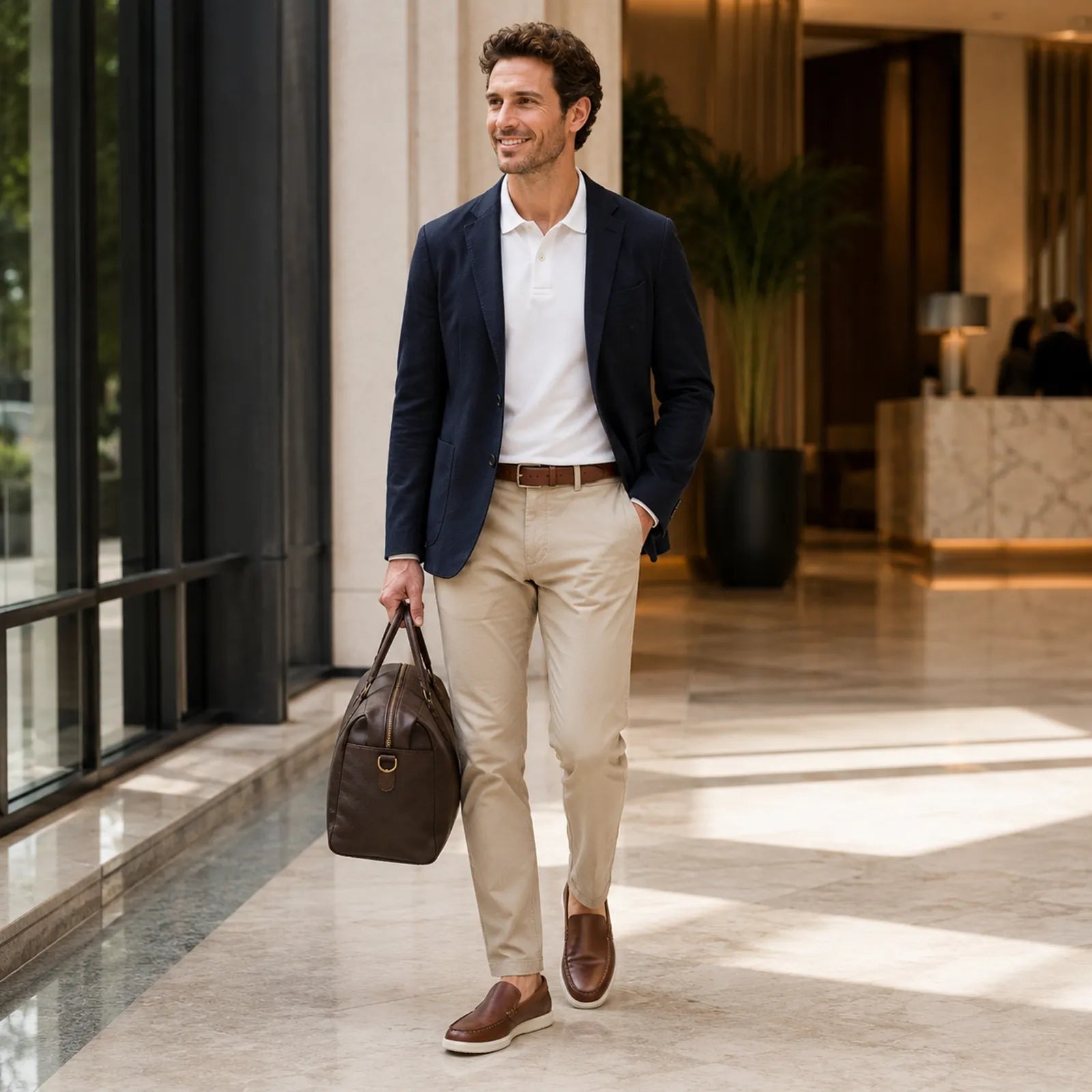 Men's brown loafers on a model wearing a suit jacket and tan pants