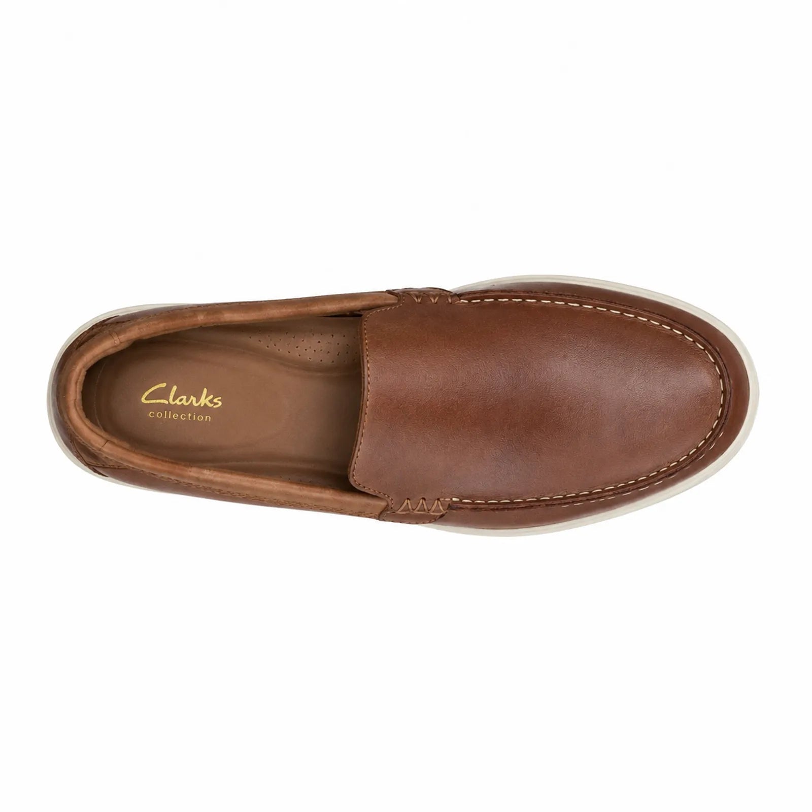 Men's brown slip-on loafer with visible interior and stitched moccasin seam