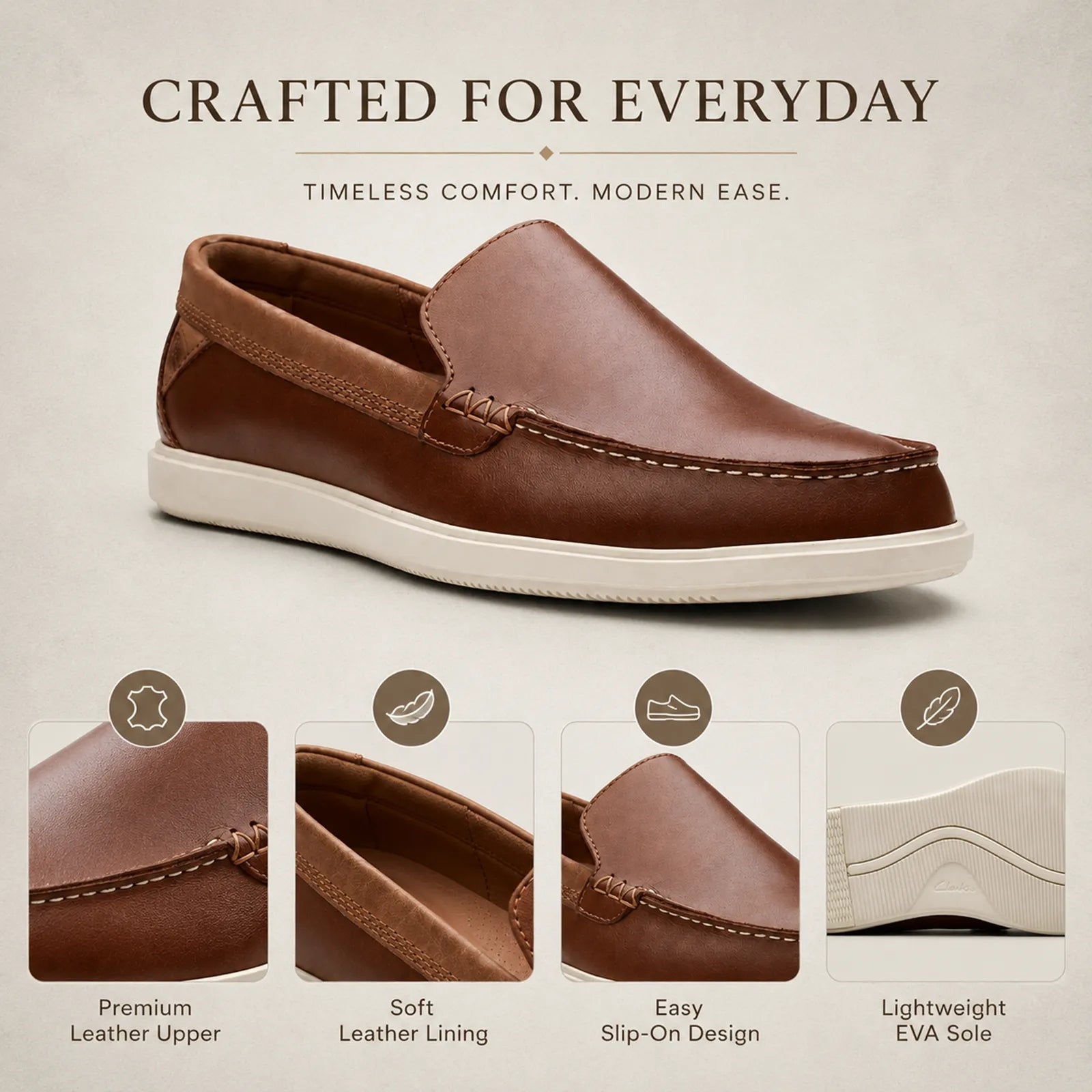Men's suede loafers, brown slip-on style with moc stitching and white EVA sole