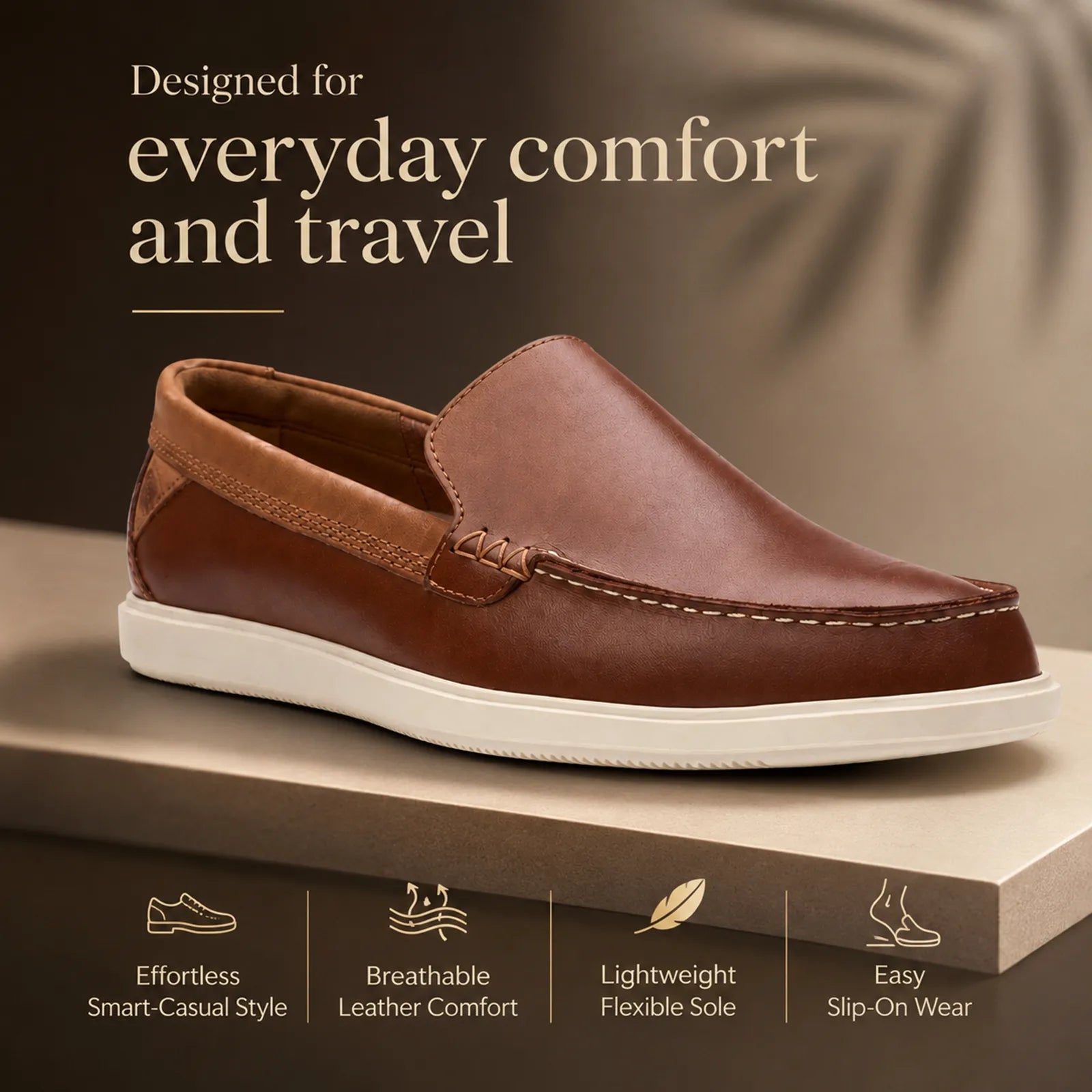 Men's brown nubuck slip-on loafers with moc-toe stitching and white cushioned sole