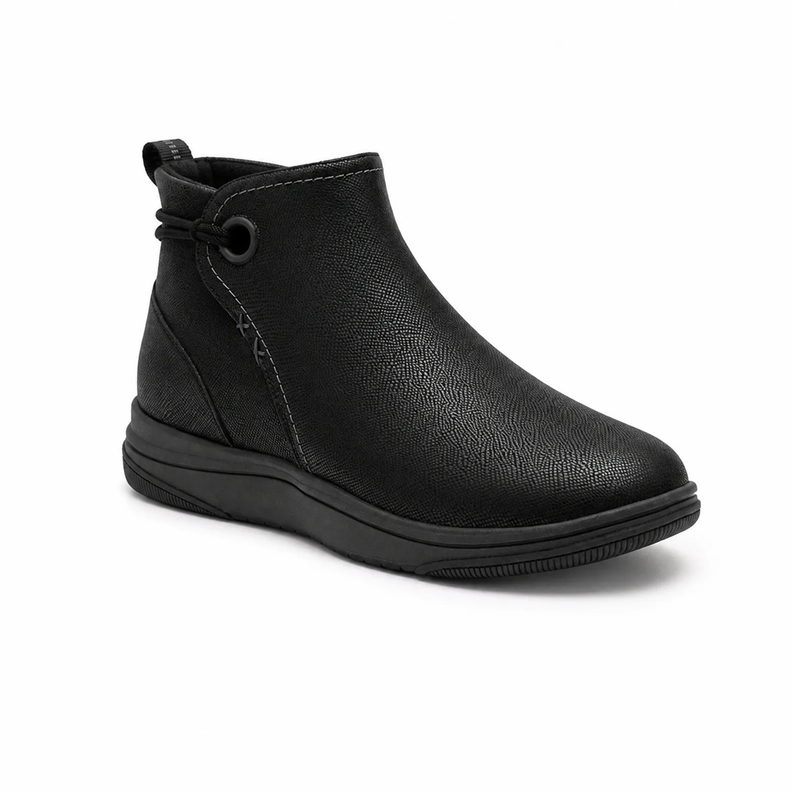 Black leather ankle boots for women with side zip, round toe, and cushioned sole