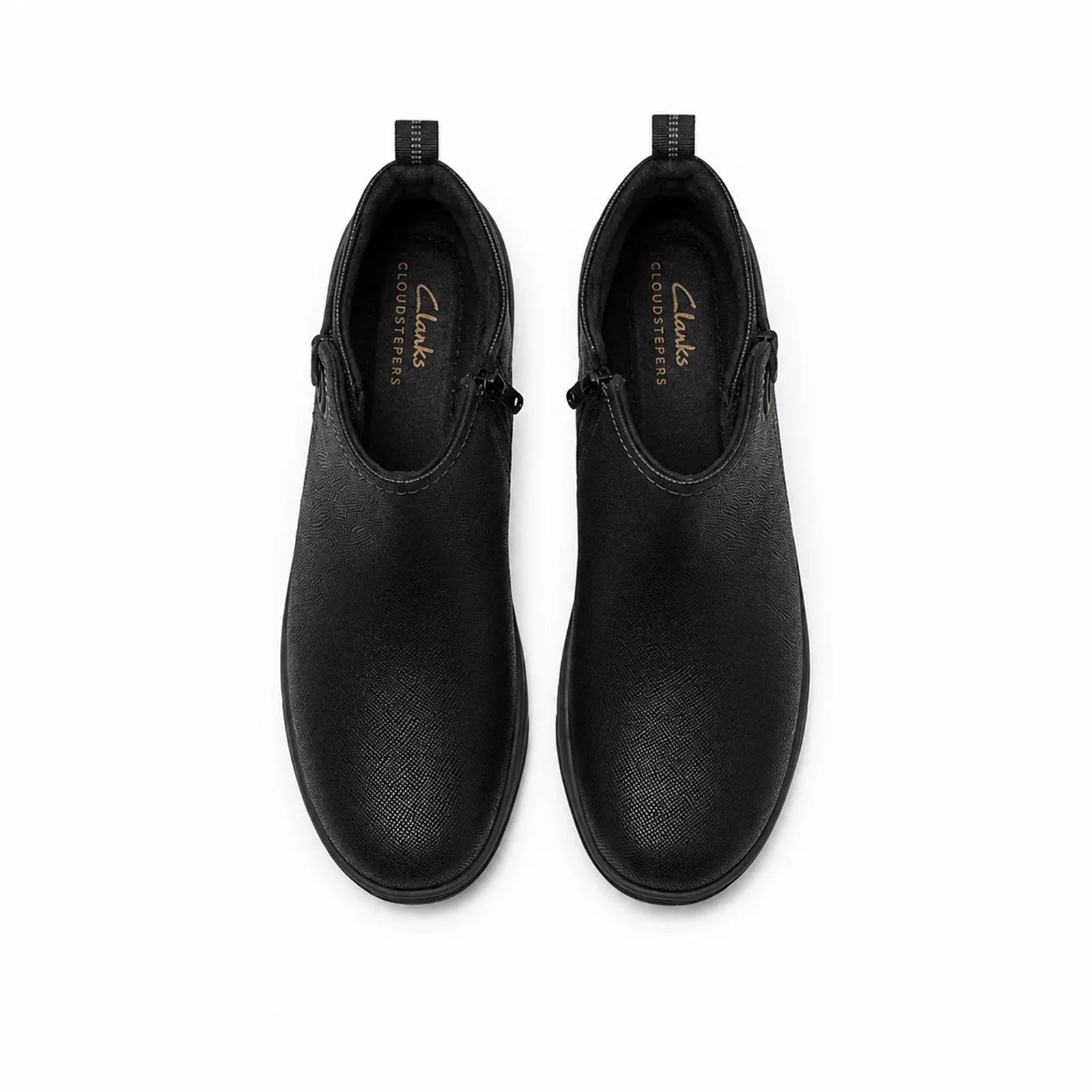 Pair of black ankle boots with side zip, rounded toe, and textured leather uppers