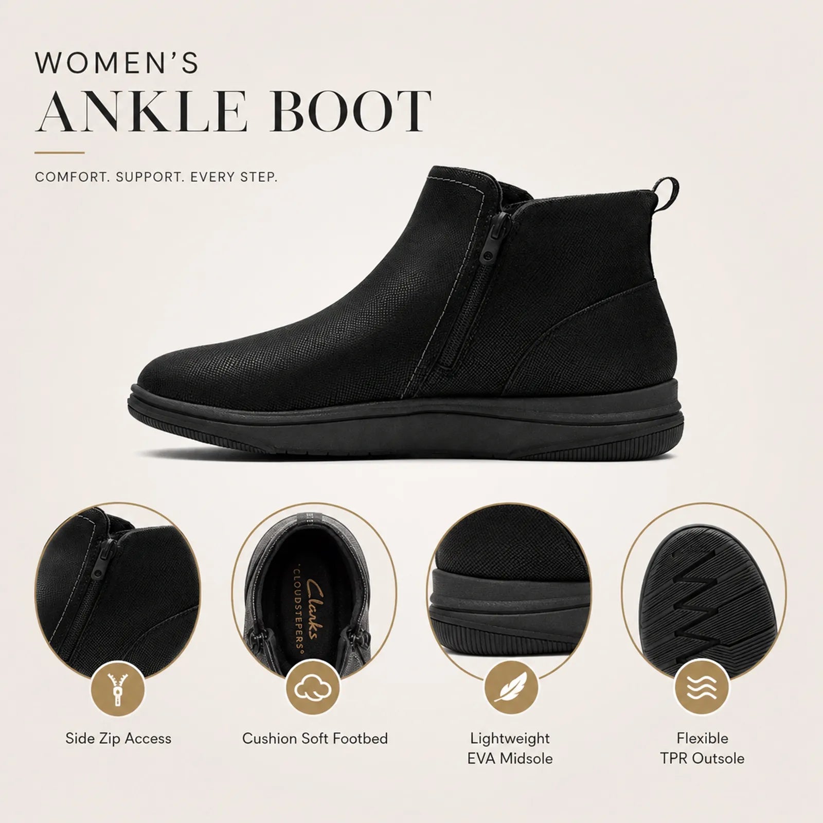 Black side-zip ankle boot with pull tab and cushioned outsole