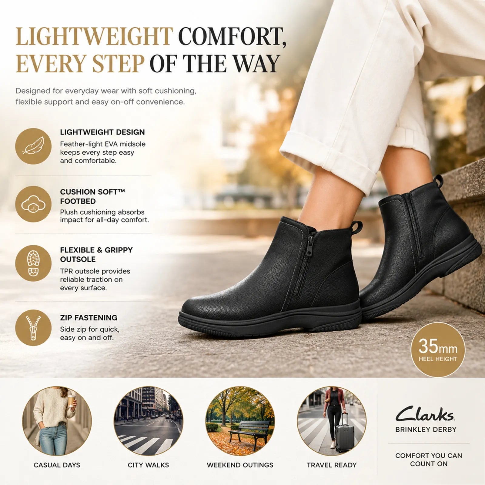 Black women’s ankle boots with side zip and flexible rubber tread outsole