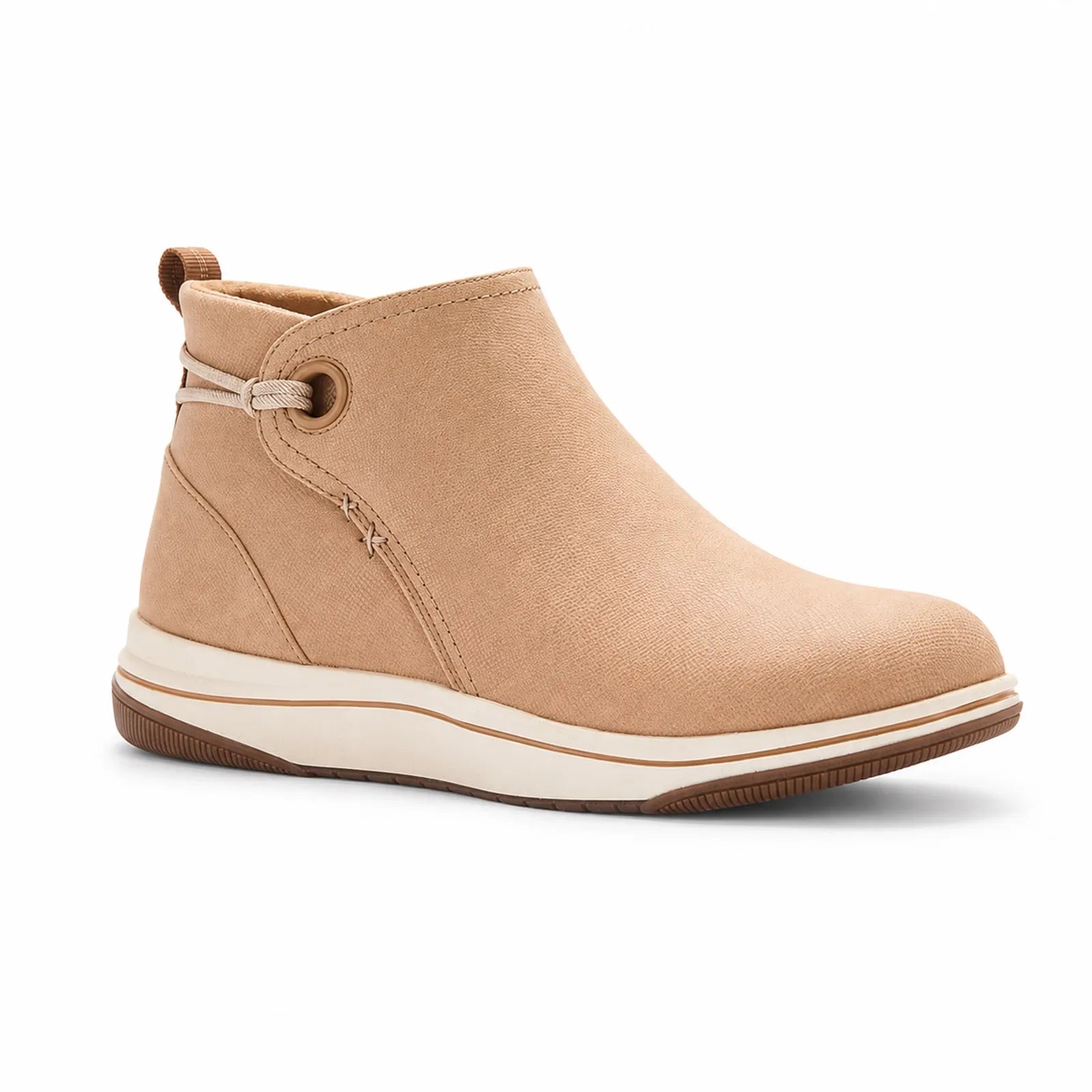 Brown ankle boot with side zip, lace-up style collar, and cushioned sole