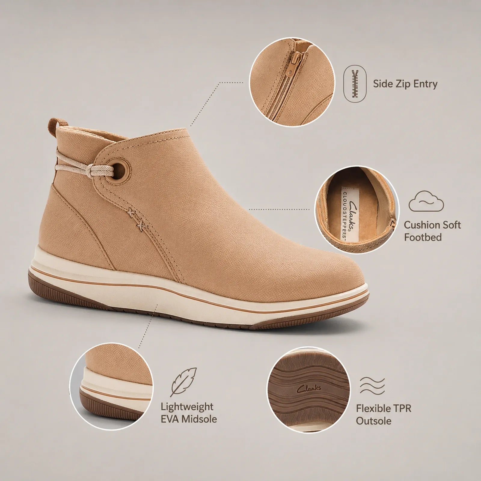 Tan side-zip ankle boot with cushioned sole and flexible outsole