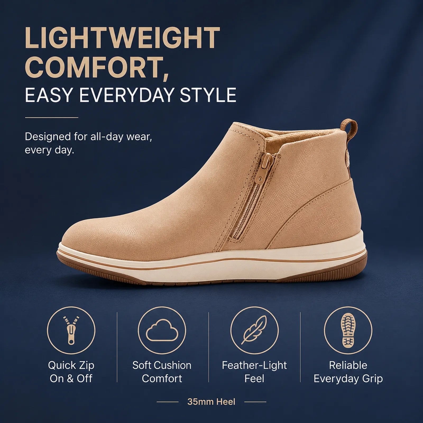 Women’s leather ankle boots with side zip, tan suede style, cushioned sole