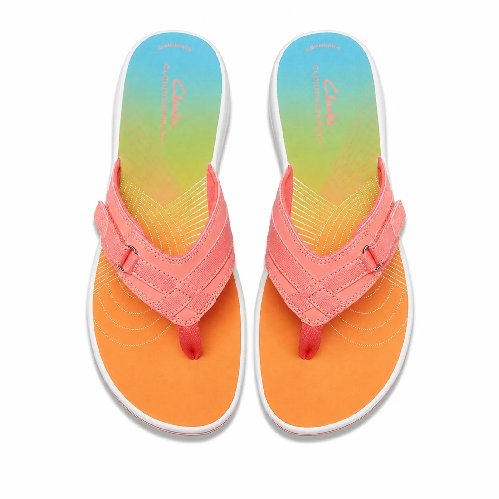 Pink flip-flop sandals with orange footbed and blue gradient inner sole