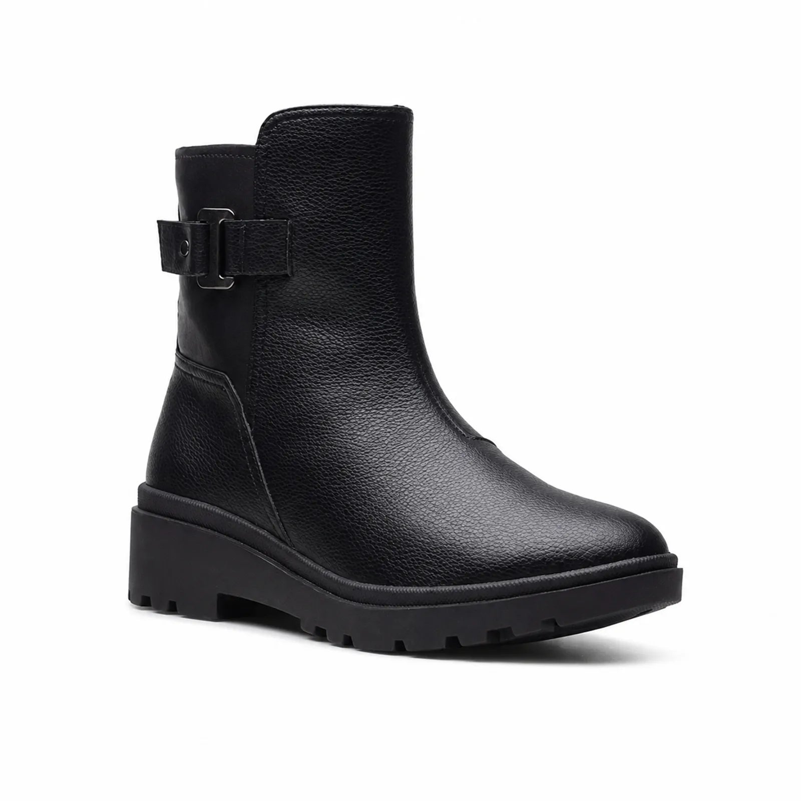 CLARKS Calla mid-ankle boot in black leather, buckle strap and low block heel