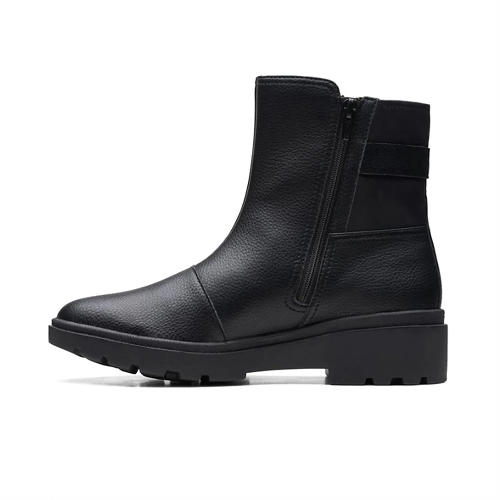CLARKS Calla mid-ankle boot black leather, side view with buckle strap