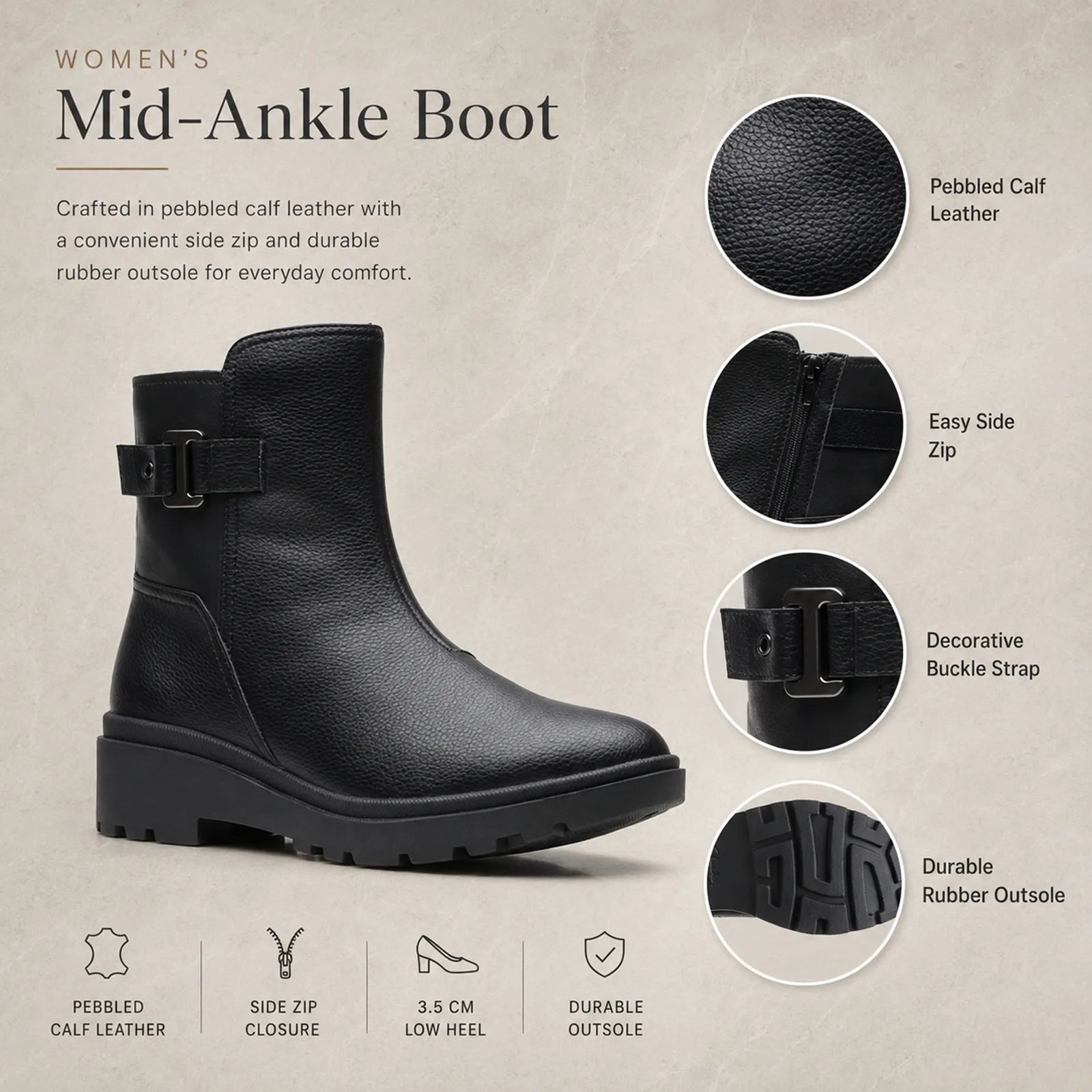 CLARKS Calla mid-ankle boot black leather with buckle strap and durable rubber sole