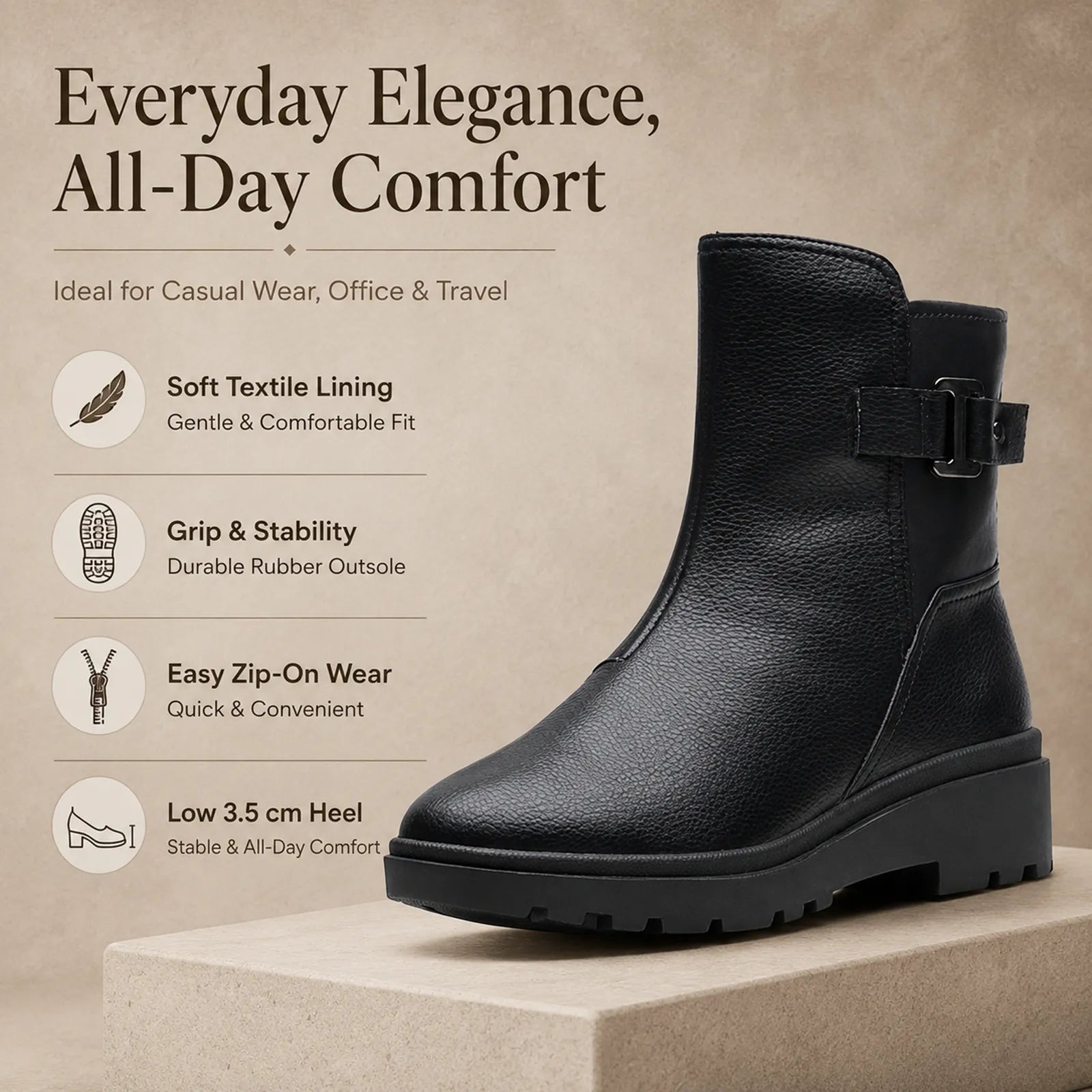 Black leather mid-ankle boots with side buckle strap and chunky platform sole
