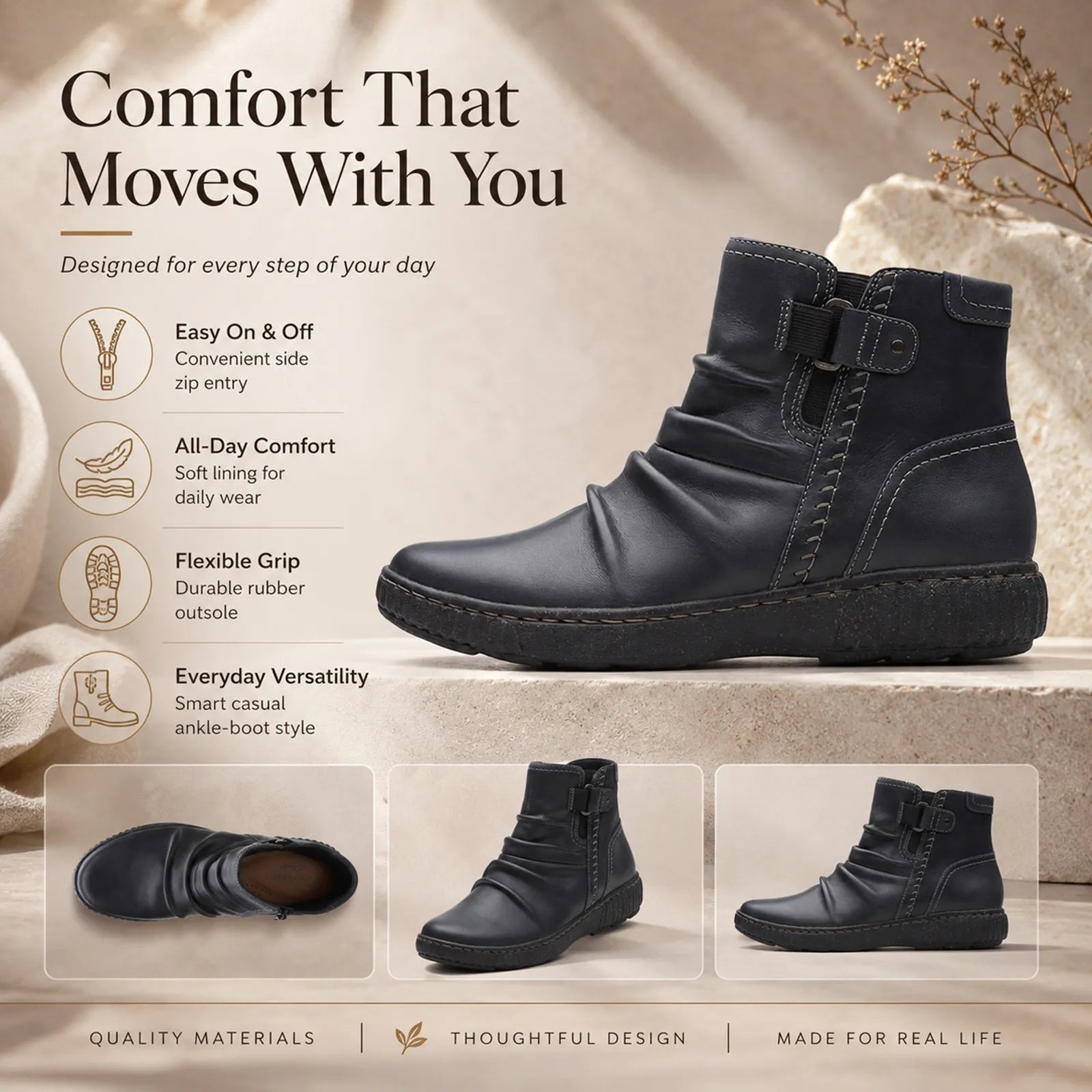 Black leather ankle boots with side zipper and buckle strap