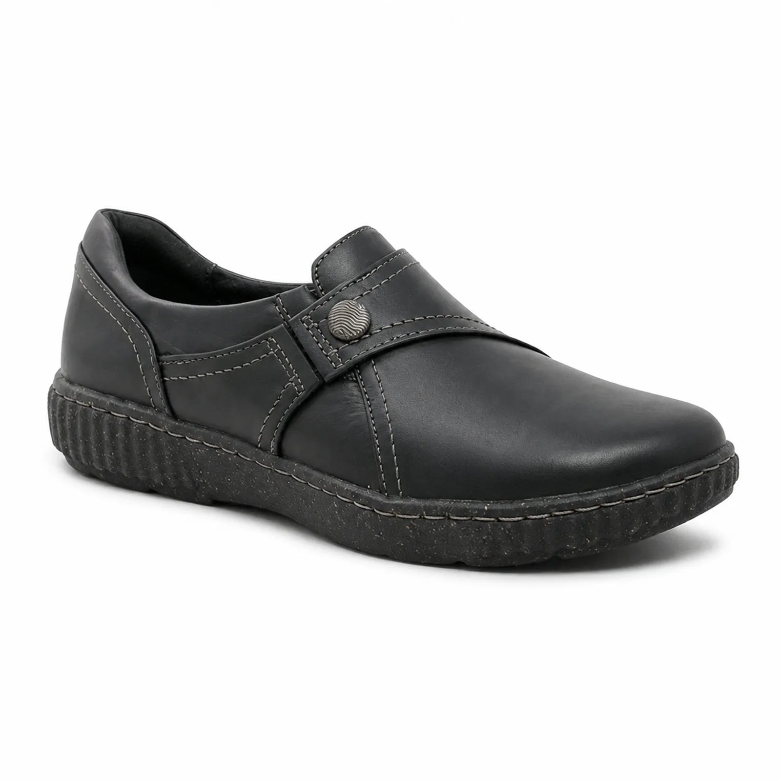 Black leather women's slip-on loafer with adjustable strap and cushioned sole
