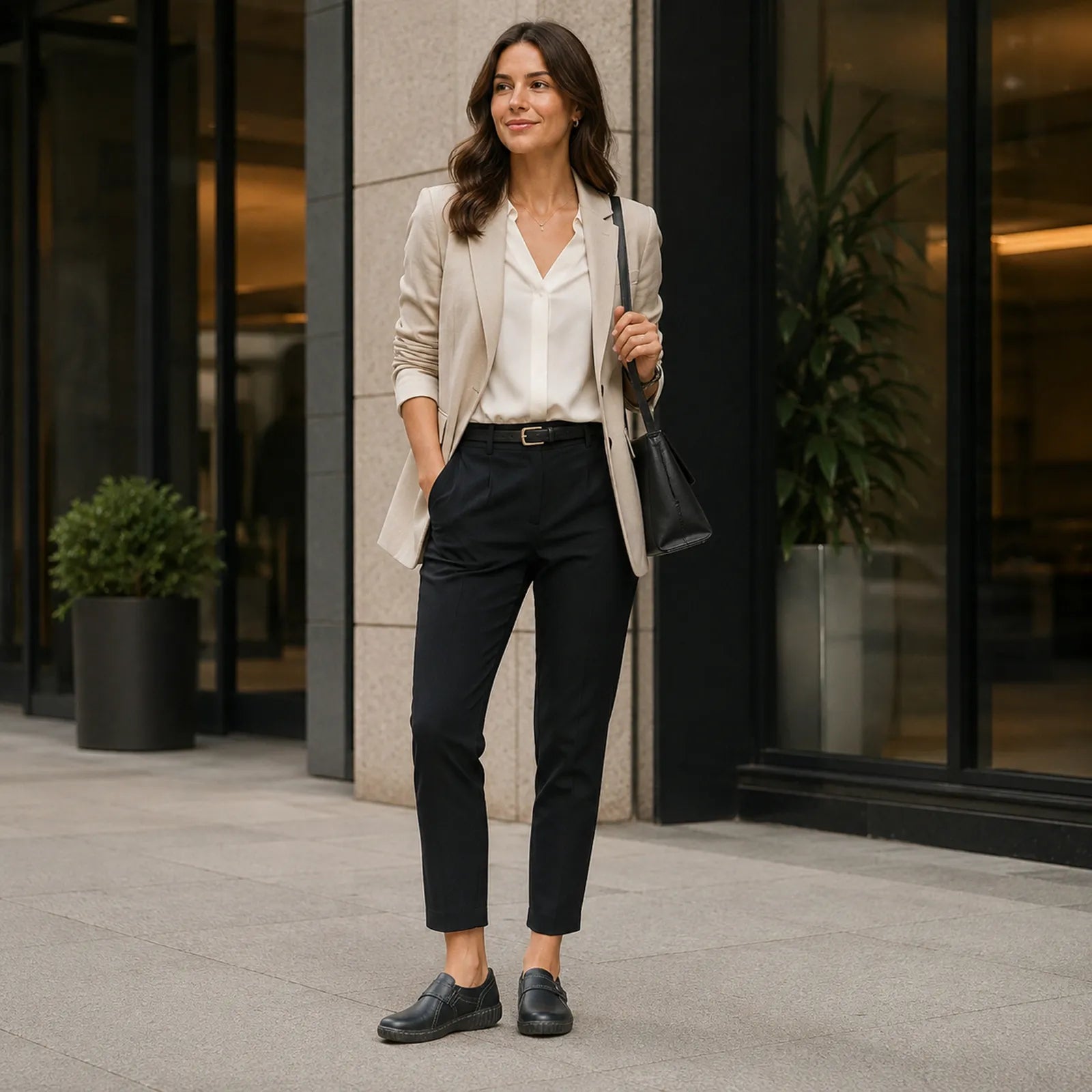 Black leather loafers on model with strap detail and thick rubber sole