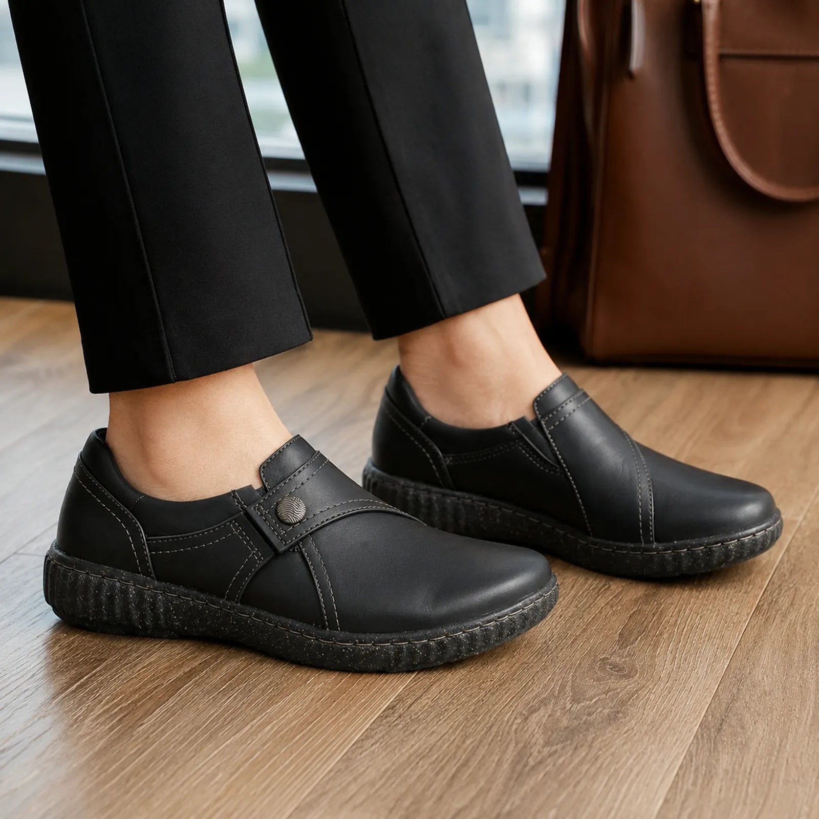 Black leather slip-on loafers with strap and stitched panels, thick textured sole
