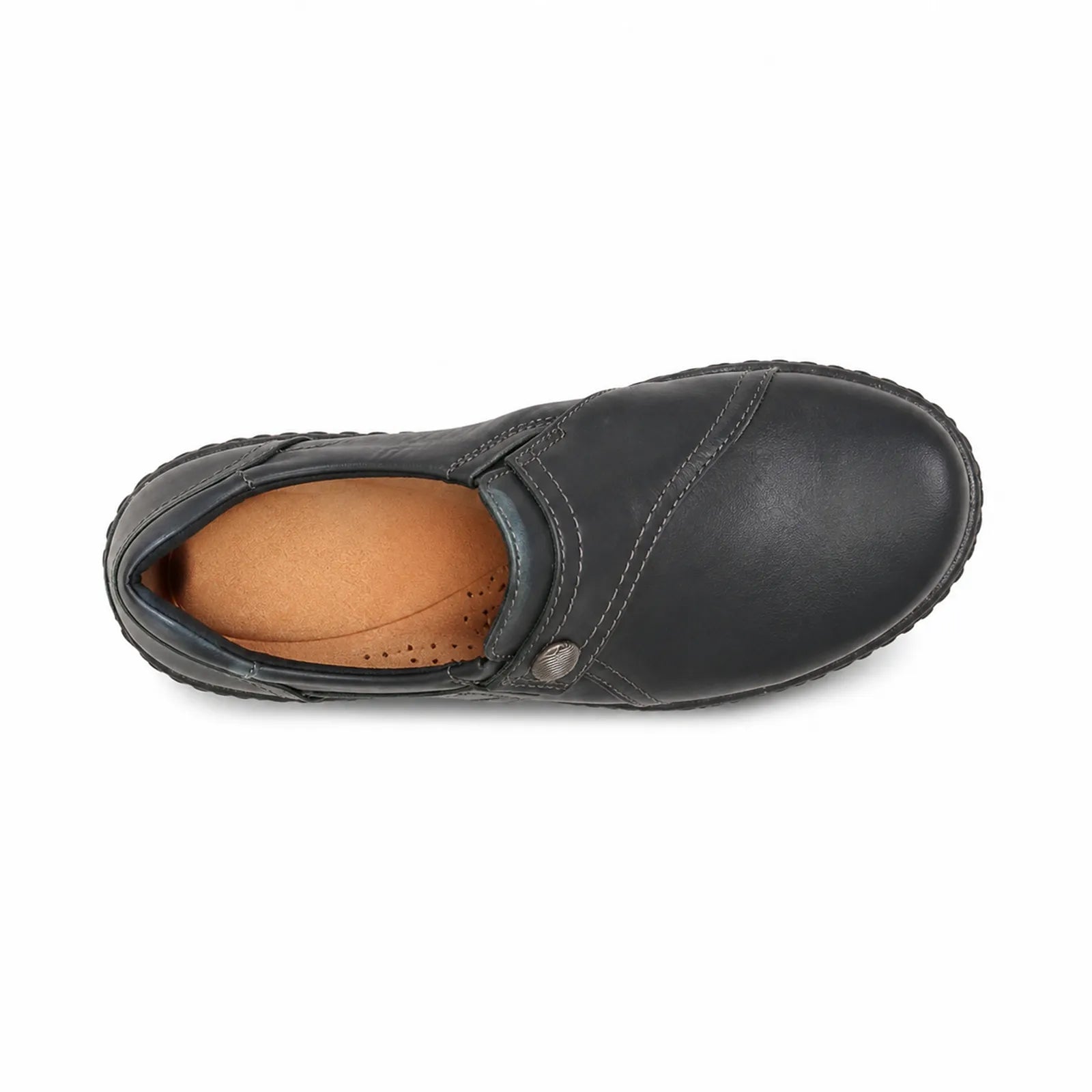 Black leather loafer with strap and open sock lining, textured rubber sole