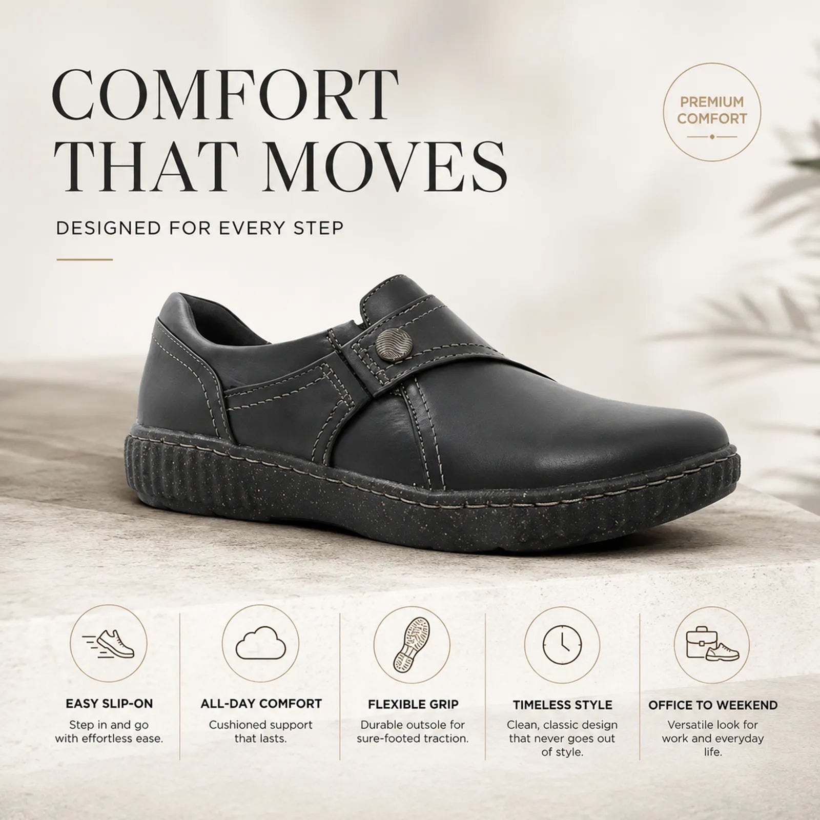 Black leather slip-on loafer with strap detail and cushioned textured sole