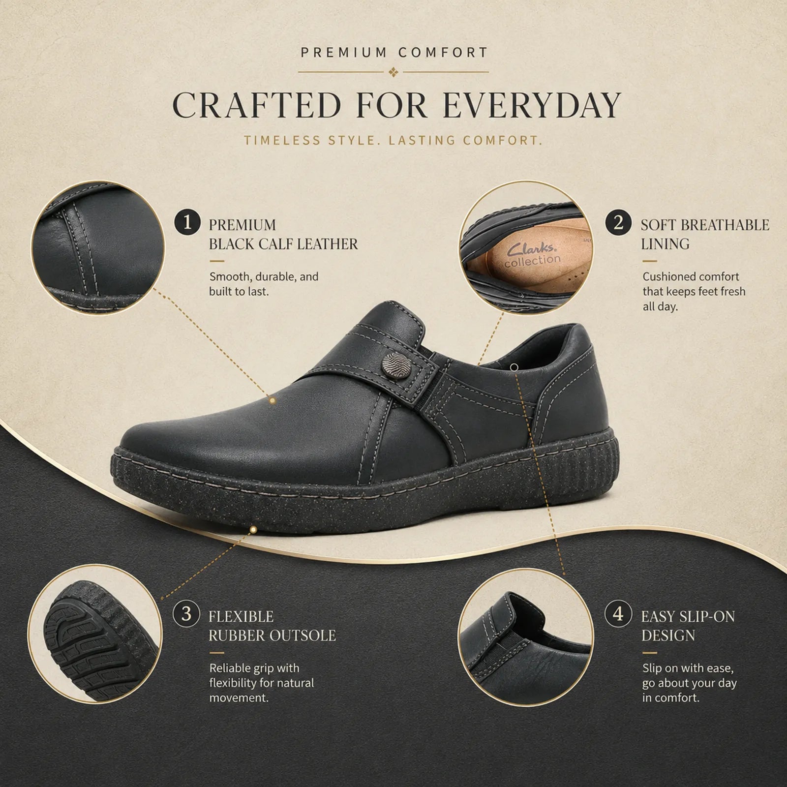 Black leather slip-on loafer with strap detail and stitched seams on cushioned sole