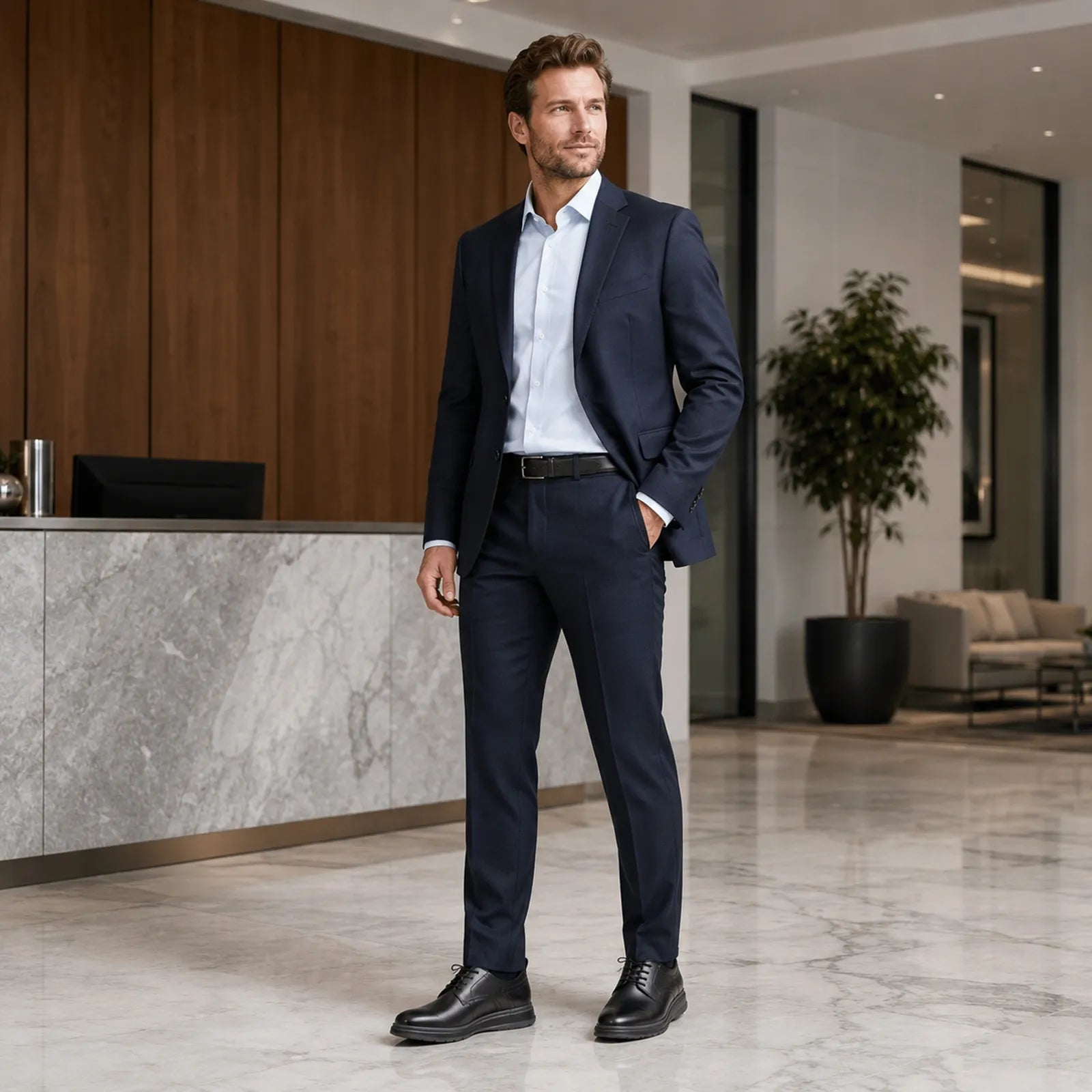 Men's black leather lace-up business shoes worn by a model, full shoe view