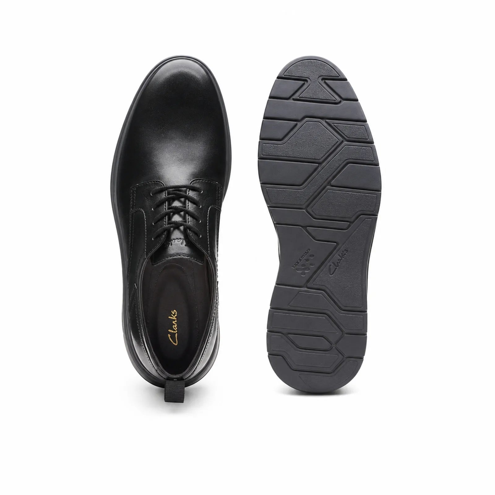 Men's black leather lace-up shoes showing toe and outsole tread