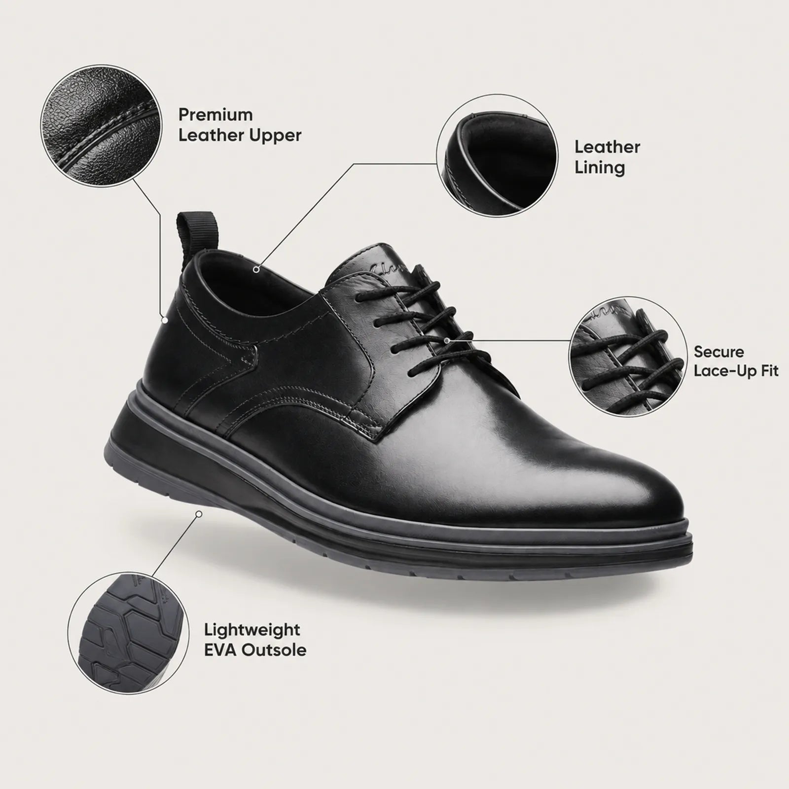 Men's black leather lace-up business shoes with smooth upper and rounded toe