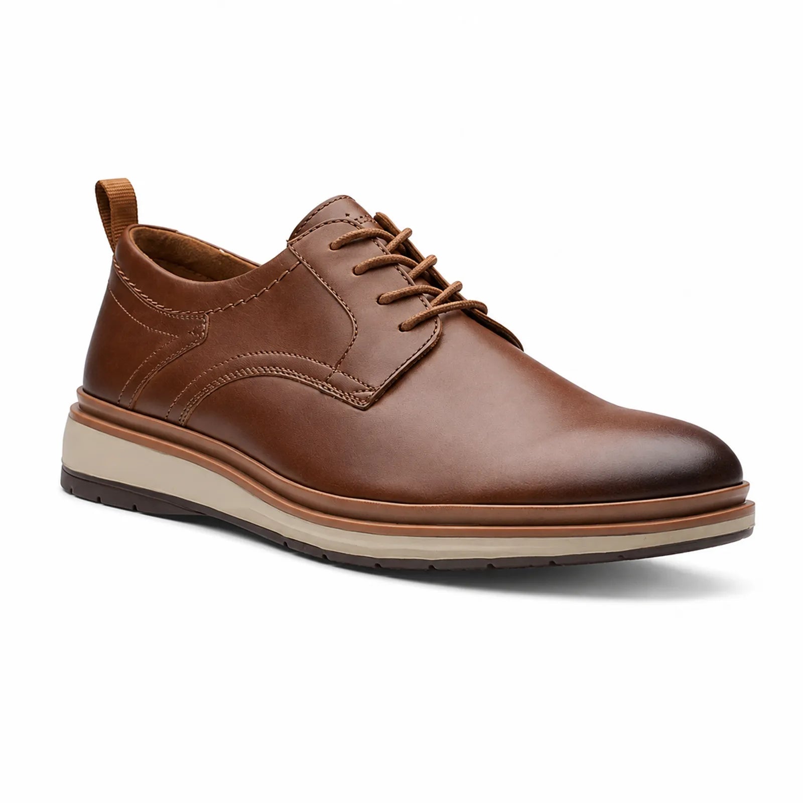 Men's brown leather lace-up business shoes with cap-toe seam detail