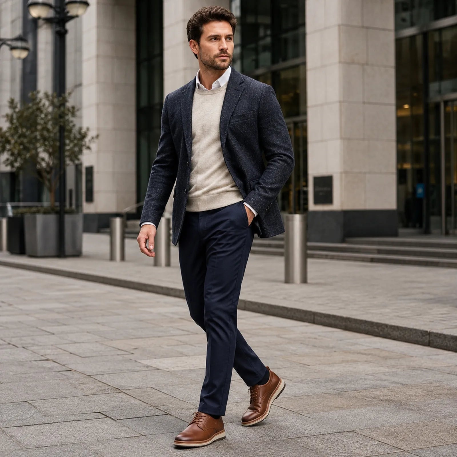 Men's brown leather lace-up business shoes worn with trousers, street style