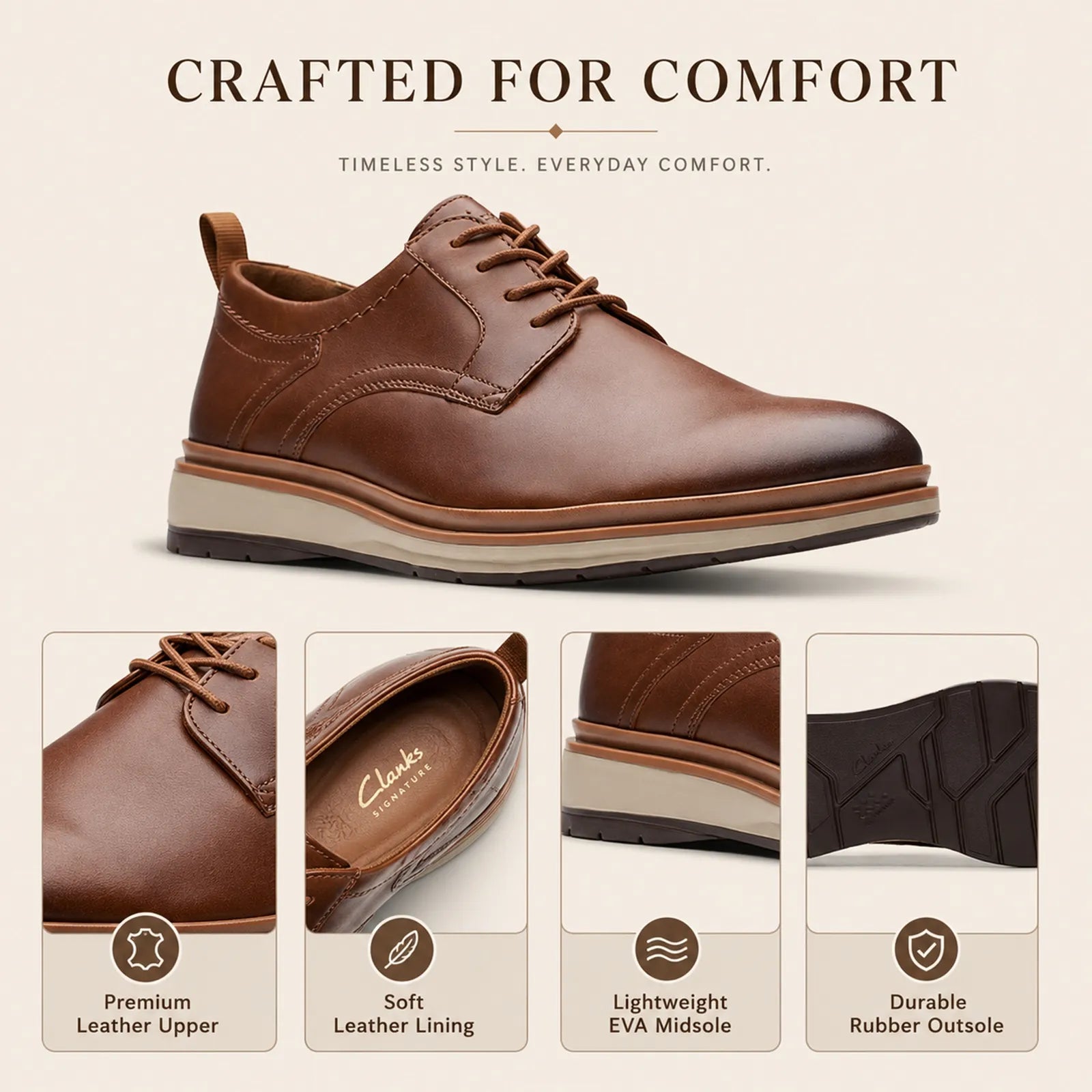 Men's brown leather lace-up business shoes with padded tongue and low-profile sole