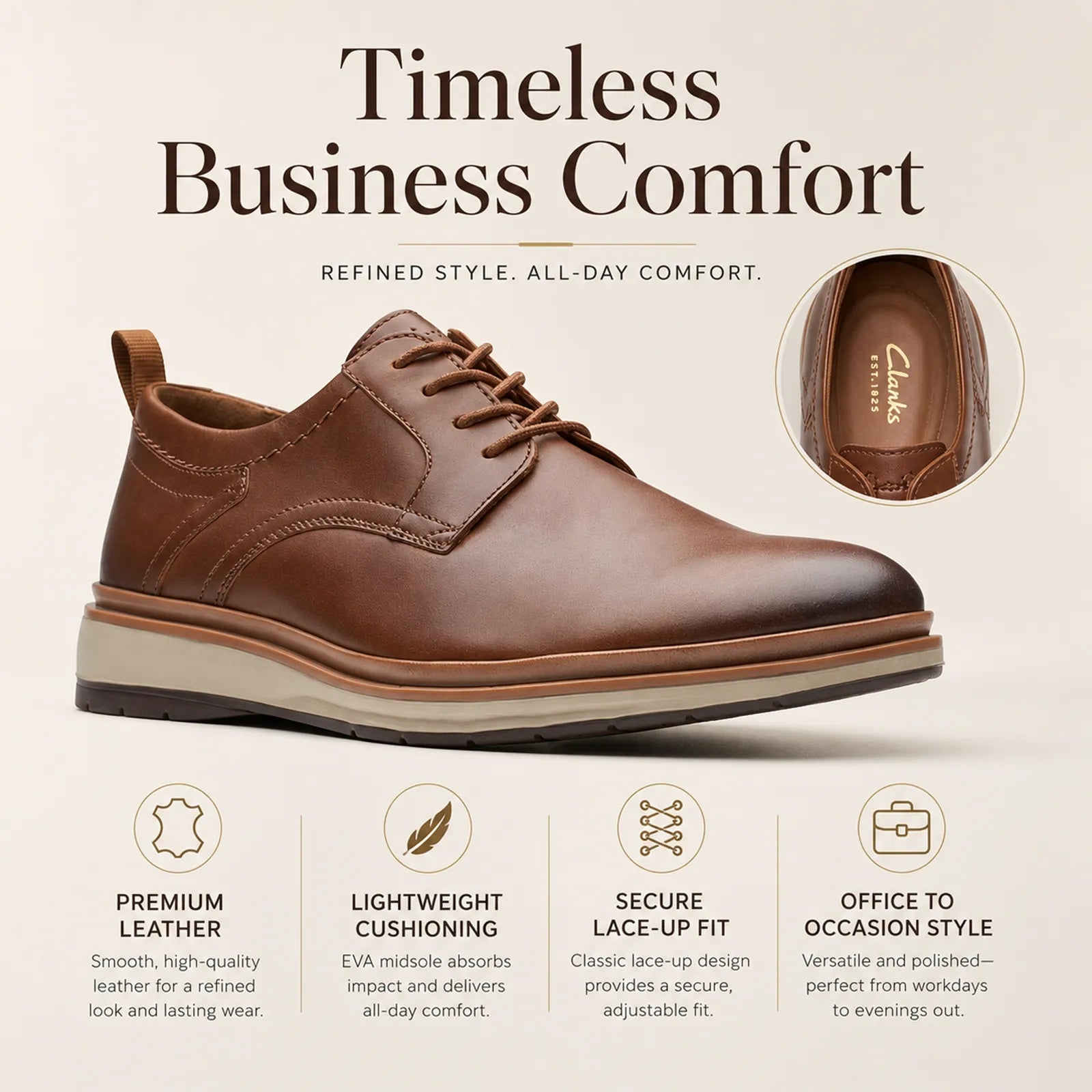 Men's brown leather lace-up business shoe, side view with contrast stitch detail