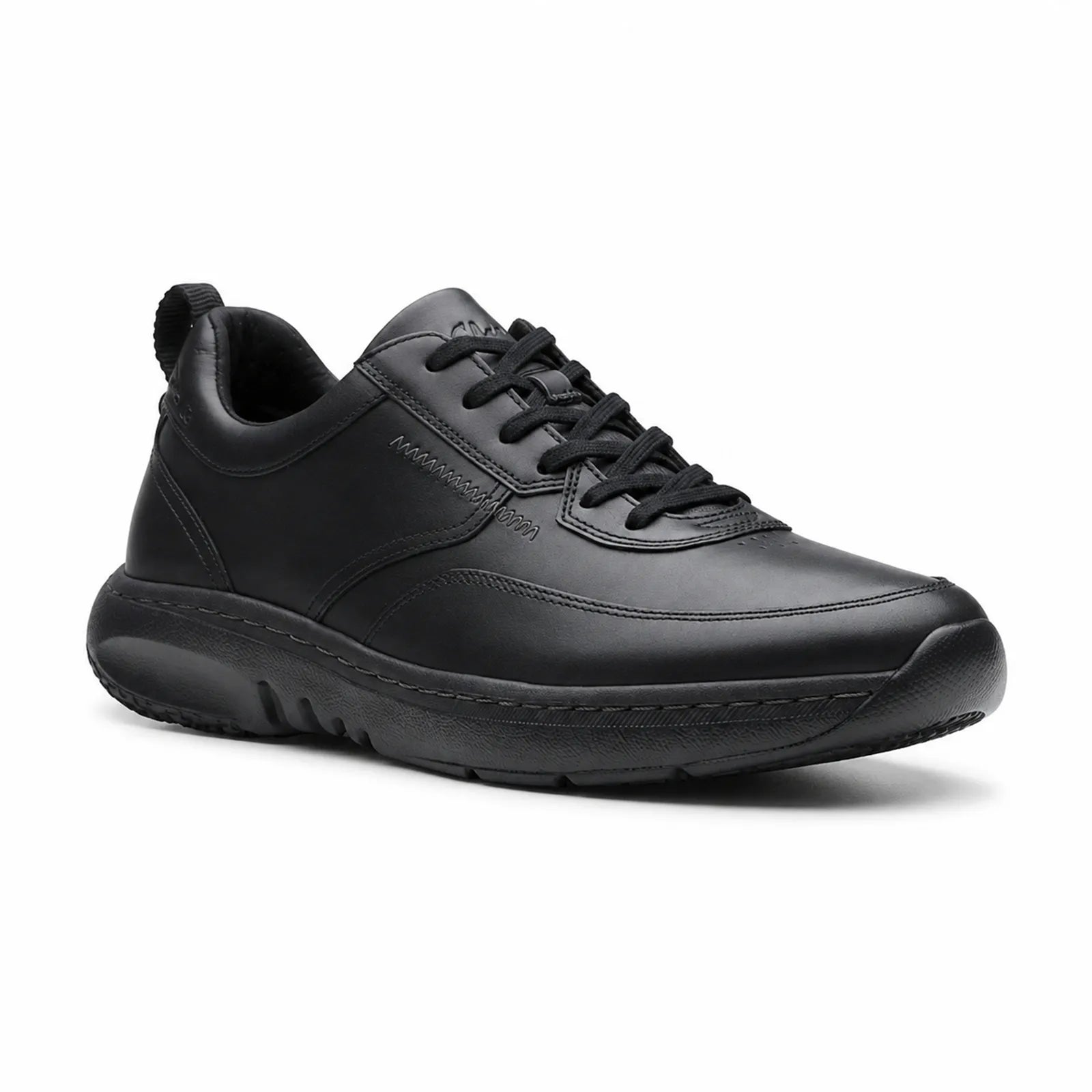 Men's black leather lace-up sneakers with padded collar and textured rubber outsole