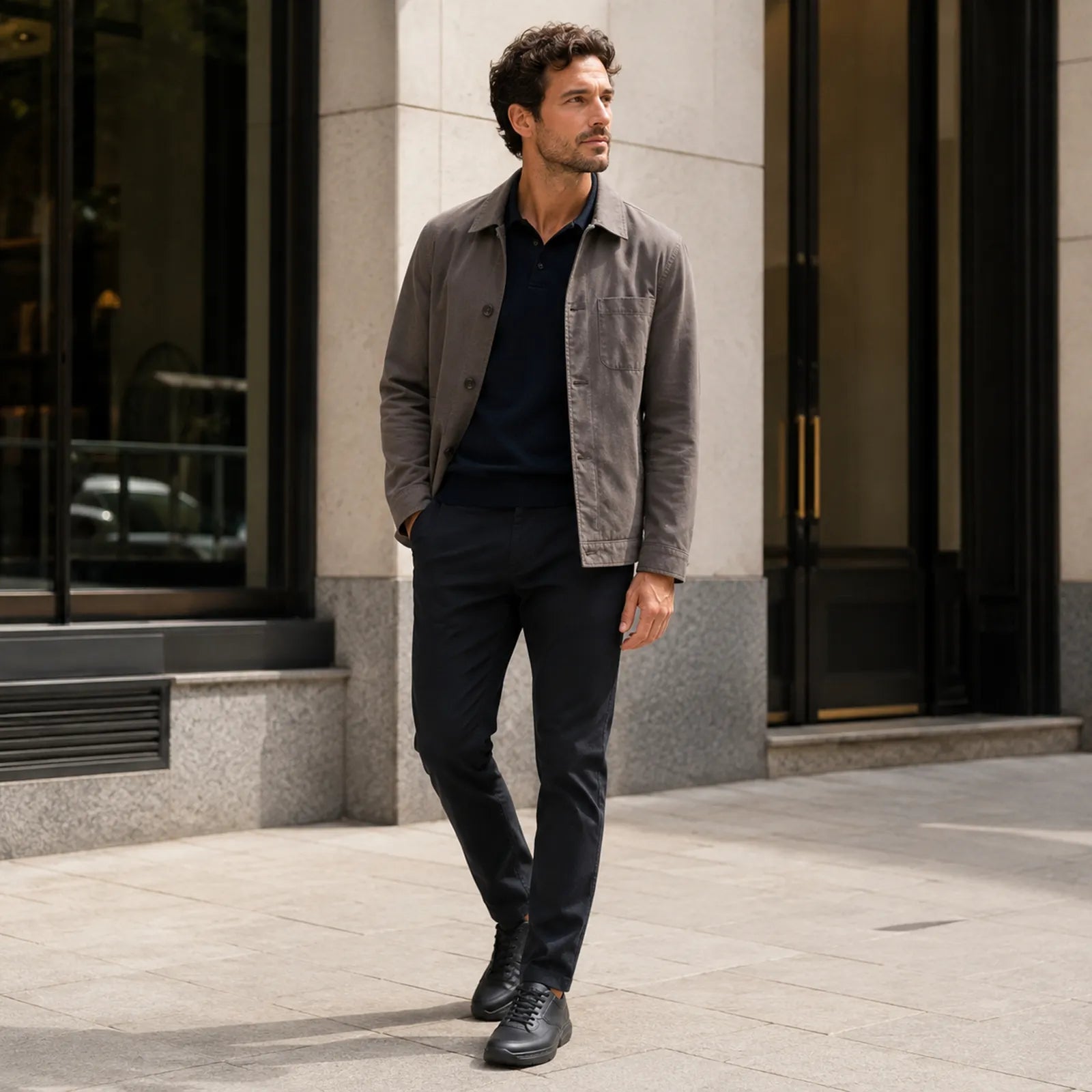 Men's black leather lace-up sneakers worn with dark pants