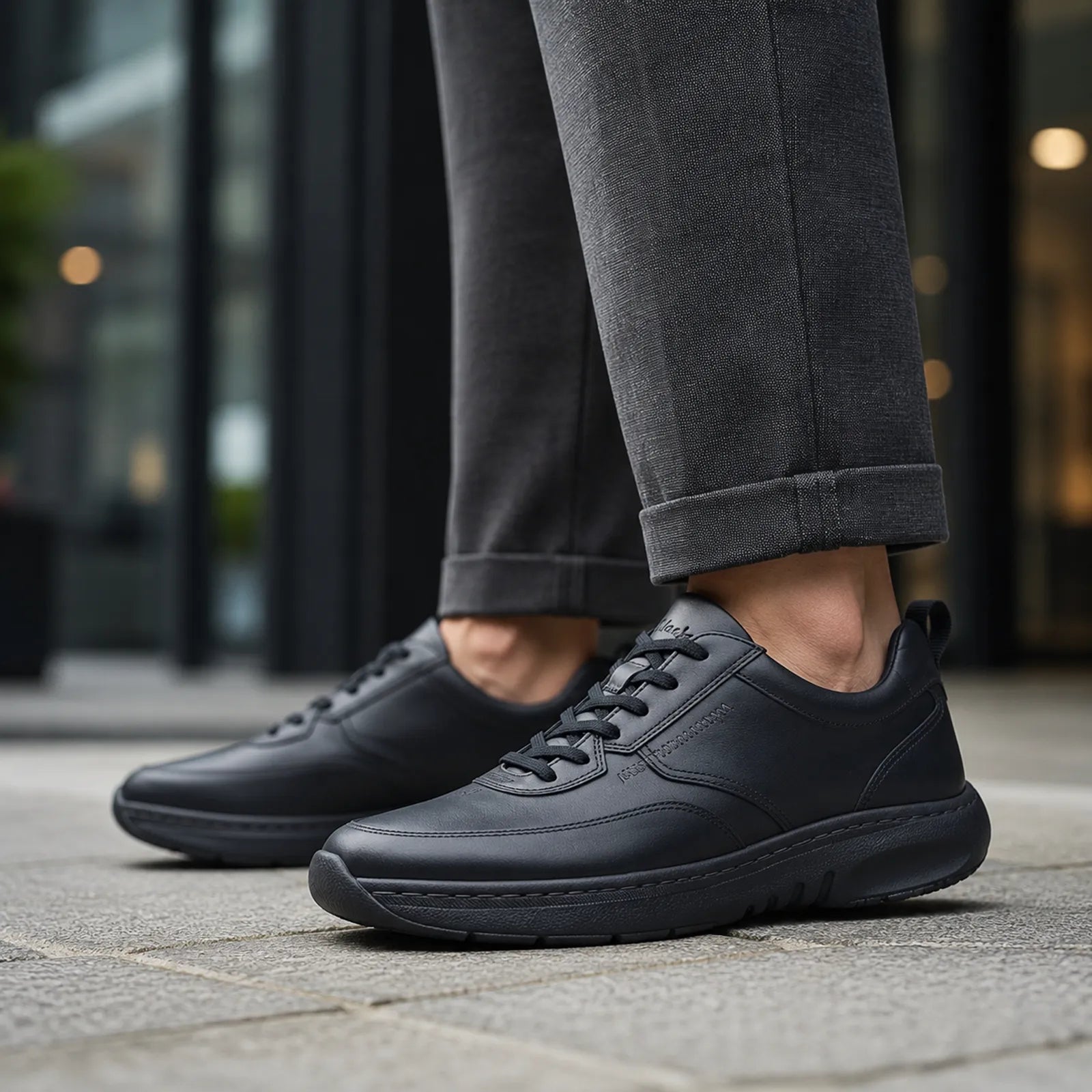 Men's black leather lace-up sneakers with lace-up vamp and cushioned sole